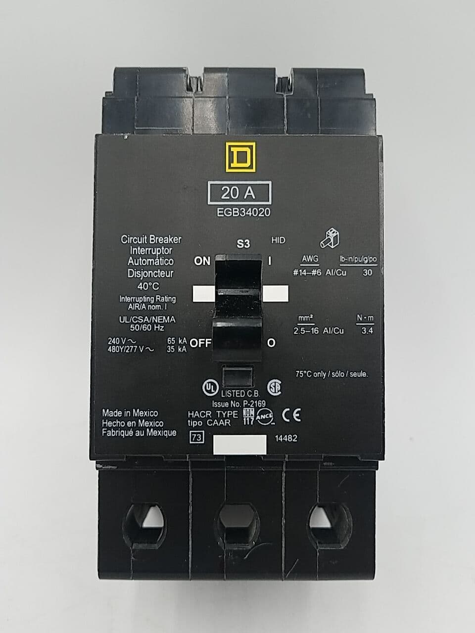 Square D EGB34020 Circuit Breaker 20A 3P 480Y/277V 3PH EGB 20 Amp 3 Pole Bolt On – image 1