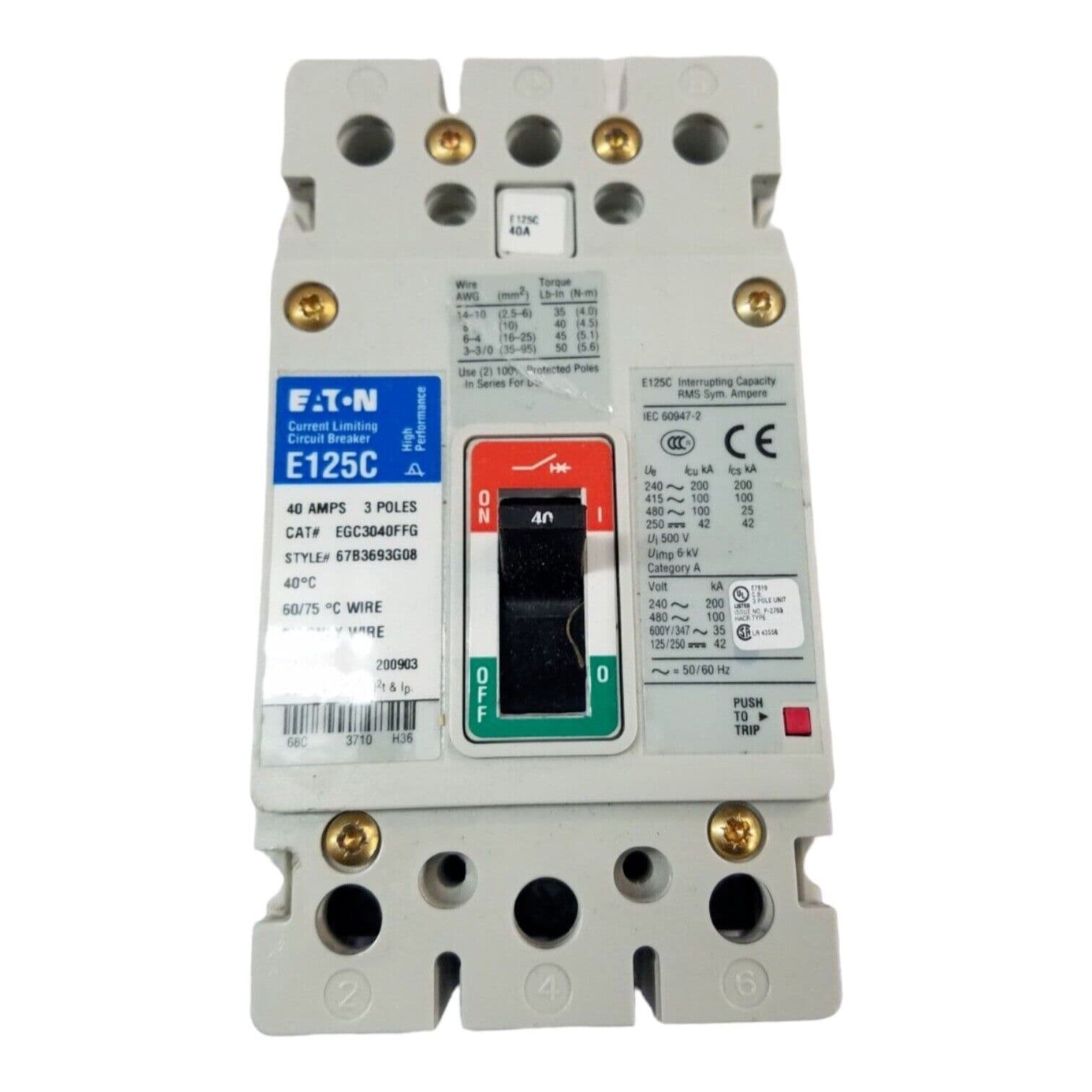 Eaton EGC3040FFG Circuit Breaker 40A 3P 480V 3PH E125C 40 Amp 3 Pole – image 1