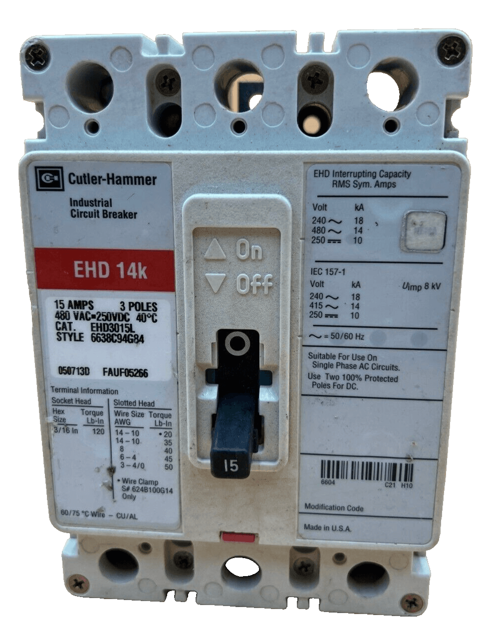Cutler Hammer EHD3015L Circuit Breaker 15A 3P 480V 3PH Bolt On EHD 14K 3 Pole – image 1