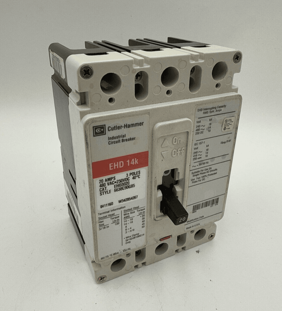 Cutler Hammer EHD3020 Circuit Breaker 20A 3P 480V 3PH EHD 14k 20 Amp 3 Pole – image 1