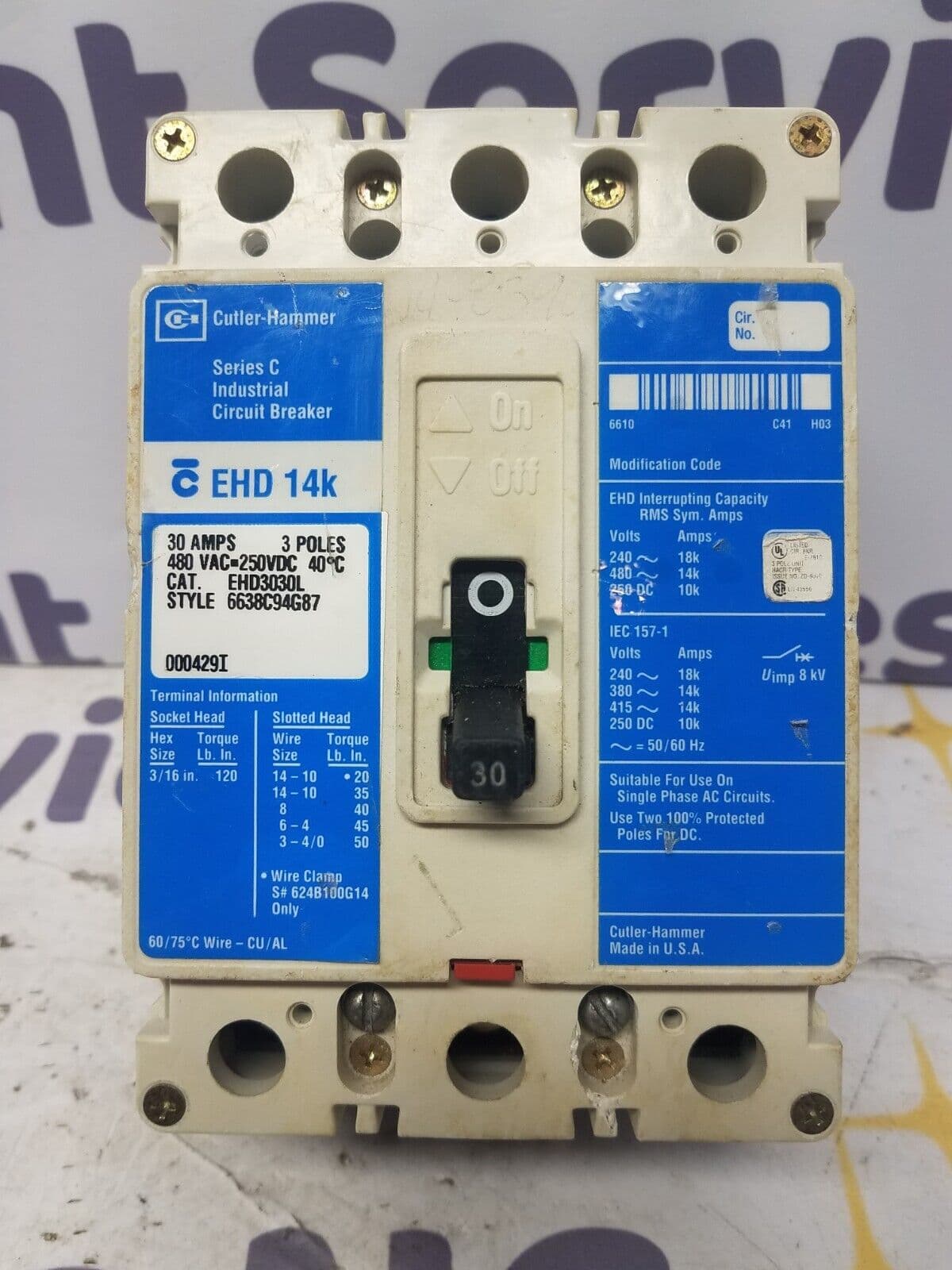Cutler Hammer EHD3030L Circuit Breaker 30A 3P 480V EHD 14k 3 pole 30 Amp – image 1