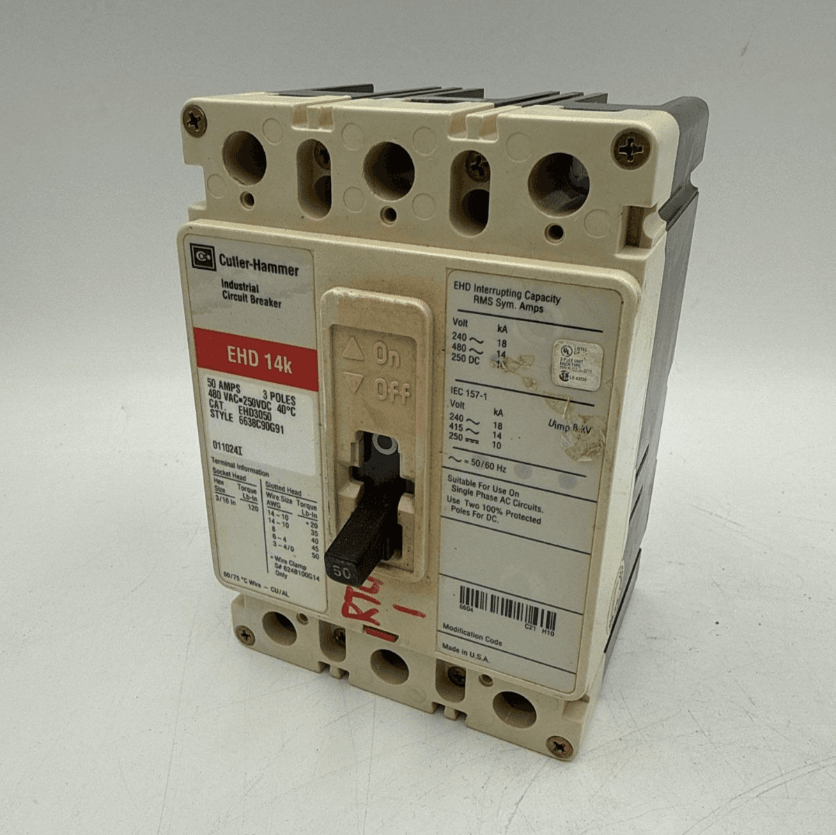 Cutler Hammer EHD3050 Circuit Breaker 50A 3P 480V 3PH EHD 14k 50 Amp 3 Pole – image 1