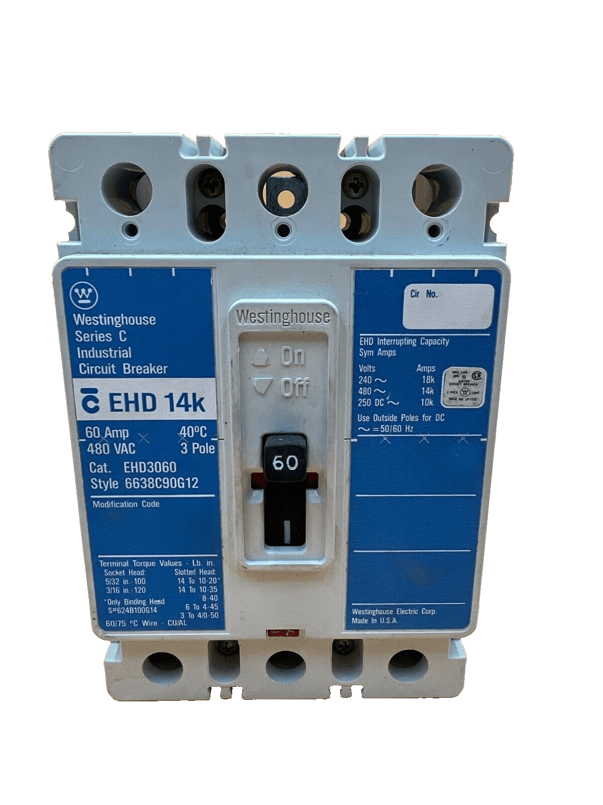 Cutler Hammer EHD3060 Bolt On Circuit Breaker 60A 480V 3P EHD 14k 60 Amp – image 1