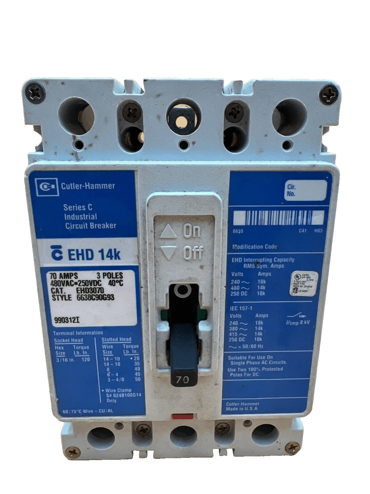 Cutler Hammer EHD3070 Circuit Breaker 70A 480V 3P EHD 14k 70 Amp 3 Pole – image 1