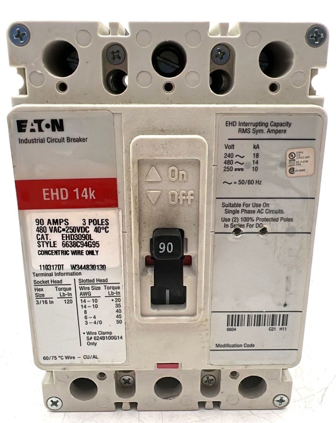Eaton EHD3090L Circuit Breaker 90A 3P 480V 3PH EHD 14k 90 Amp 3 Pole – image 1