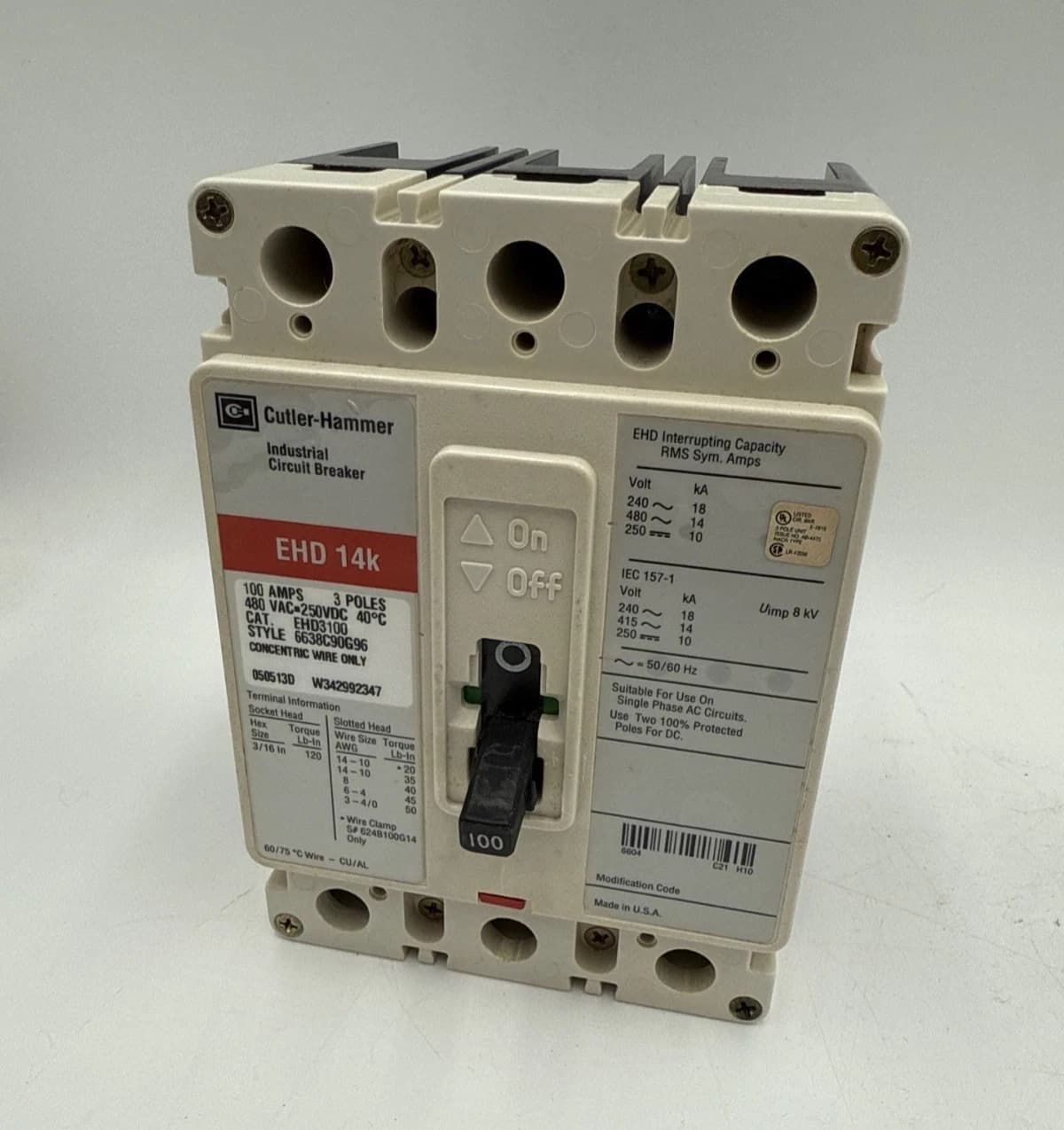 Cutler Hammer EHD3100 Circuit Breaker 100A 3P 480V 3PH EHD 100 Amp 3 Pole Used