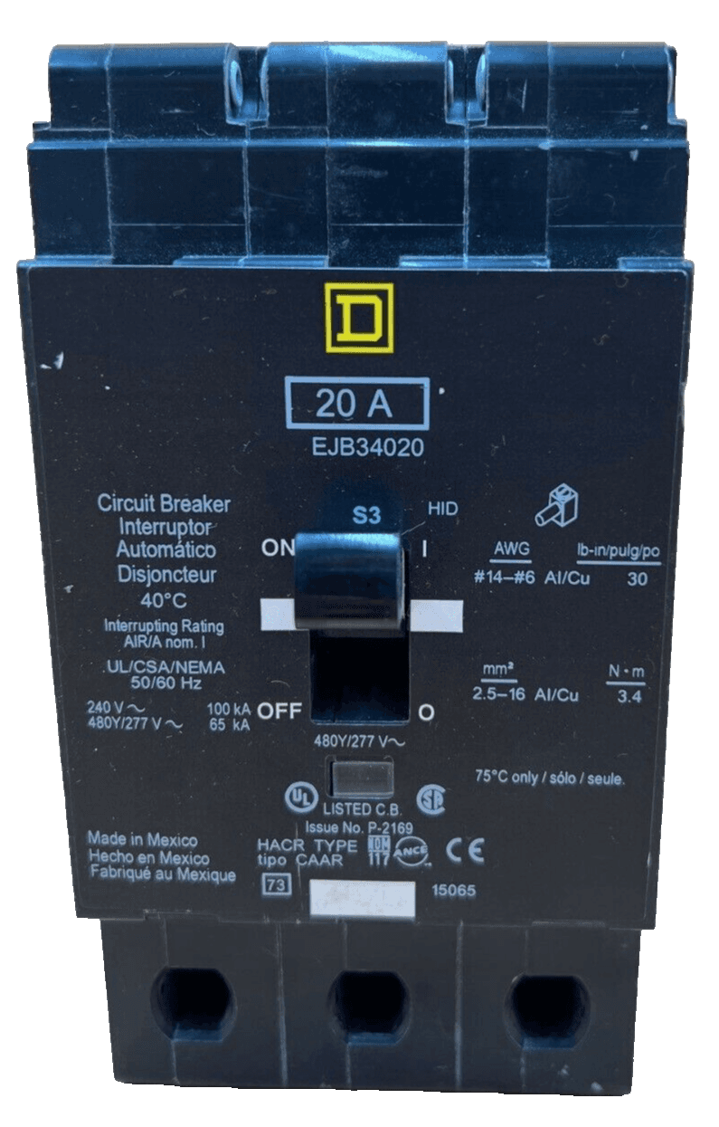 Square D EJB34020 Circuit Breaker 20A 3P 480V 3PH 20 Amp 3 Pole Bolt On