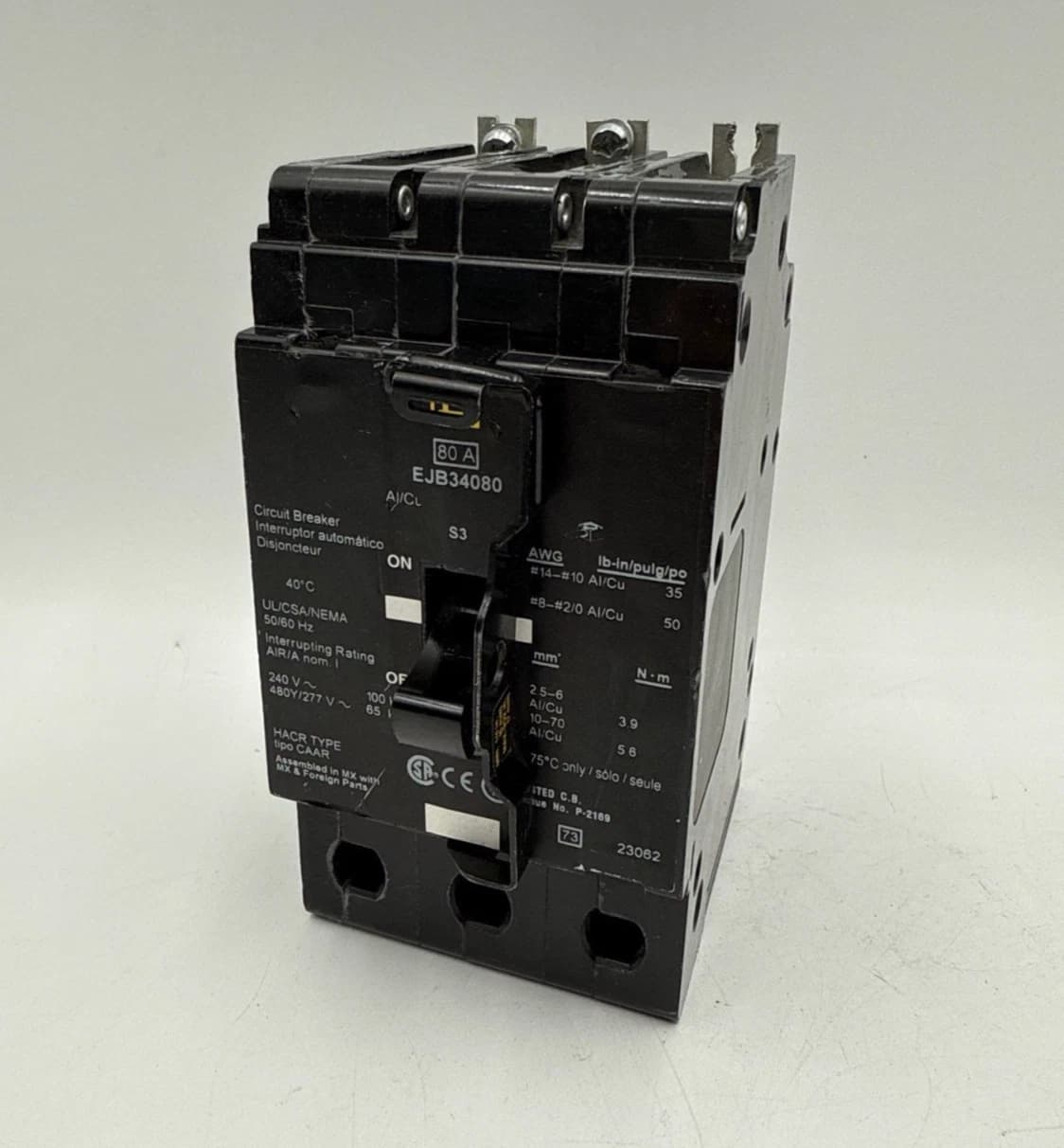 Square D EJB34080 Circuit Breaker 80A 3P 480/277V EJB Bolt On 80 Amp 3 Pole