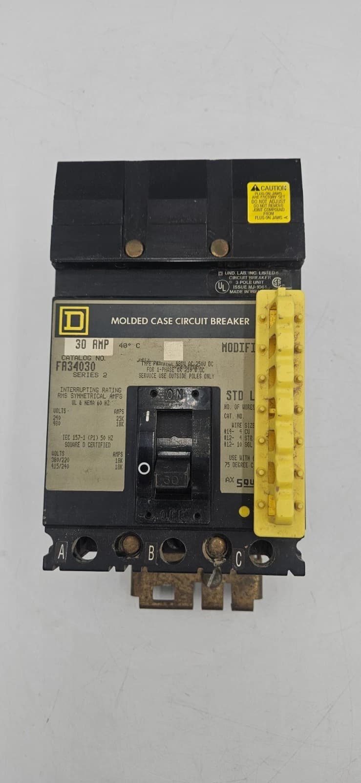 Square D FA34030 I-Line Circuit Breaker 30A 3P 480V 3PH FA 3 pole 30 Amp Used – image 1