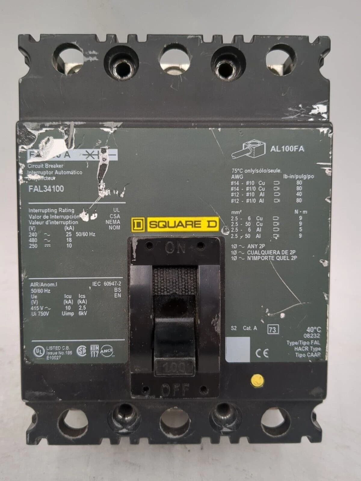 Square D FAL34100 Circuit Breaker 100A 3P 480V 3PH Lug to Lug 100 Amp Used