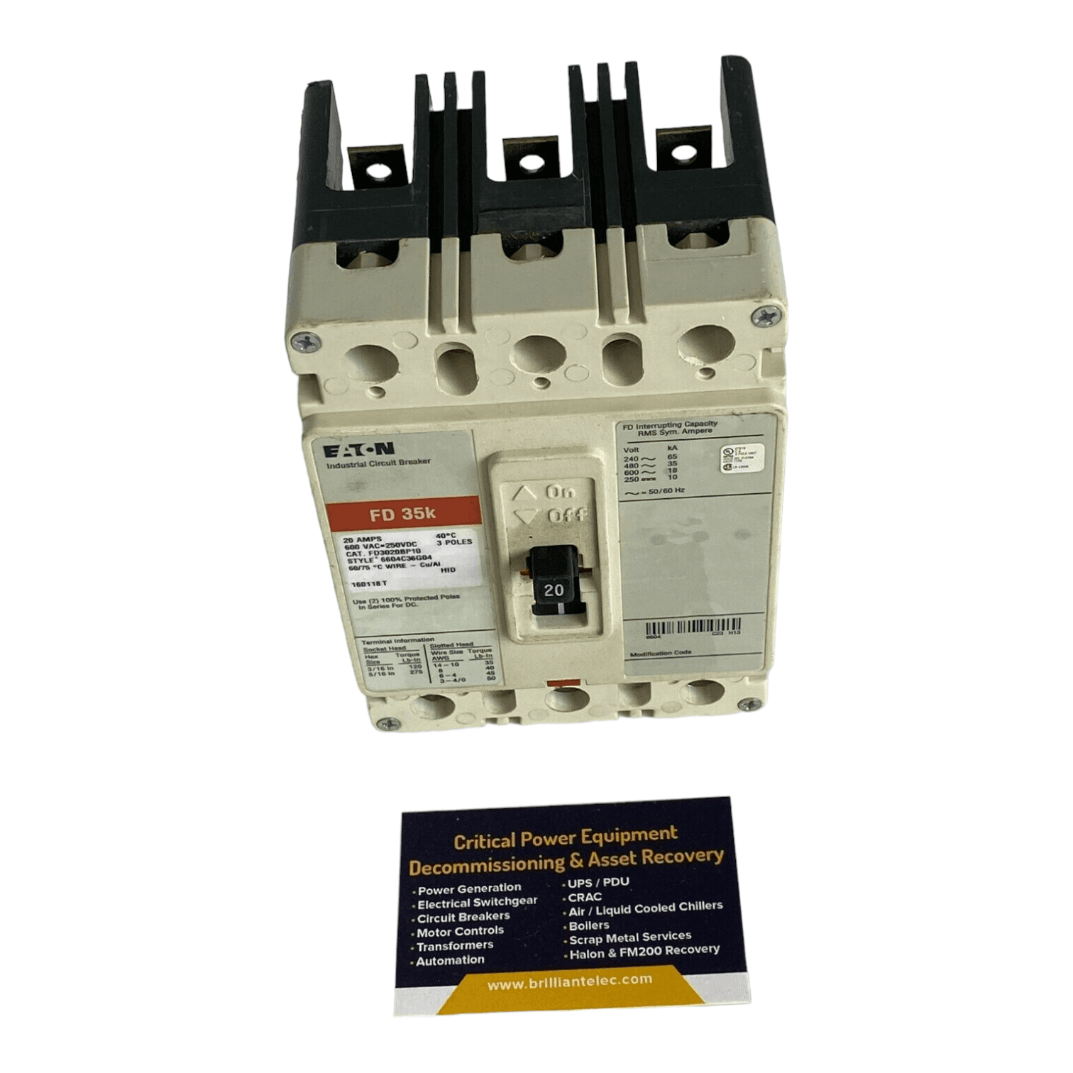 CUTLER HAMMER FD3020 Circuit Breaker 20A 3P 600V FD 35k 3 pole 20 Amp – image 1