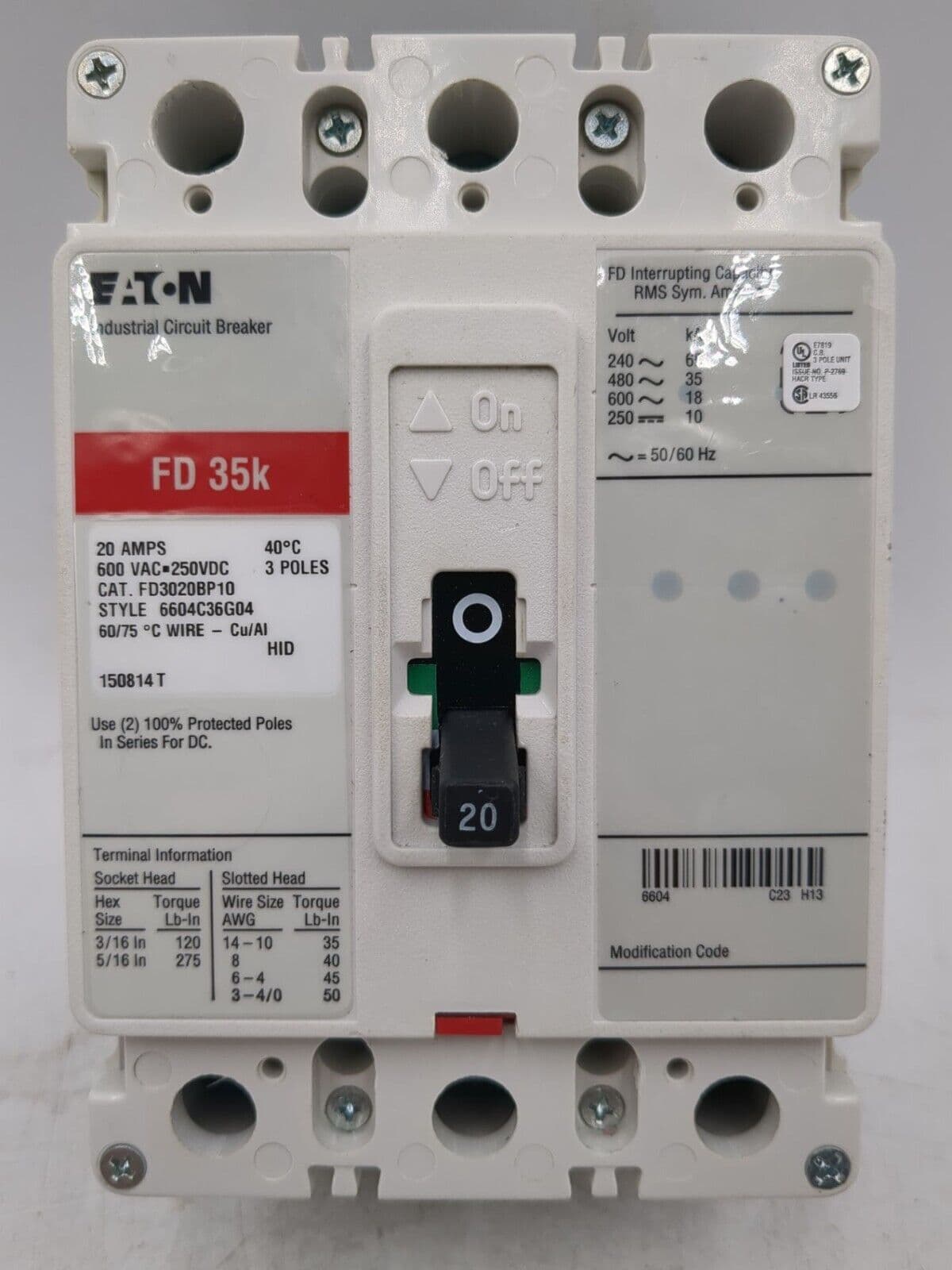 Eaton Cutler Hammer FD3020BP10 Circuit Breaker 20A 3P 600V FD 35k 20 Amp