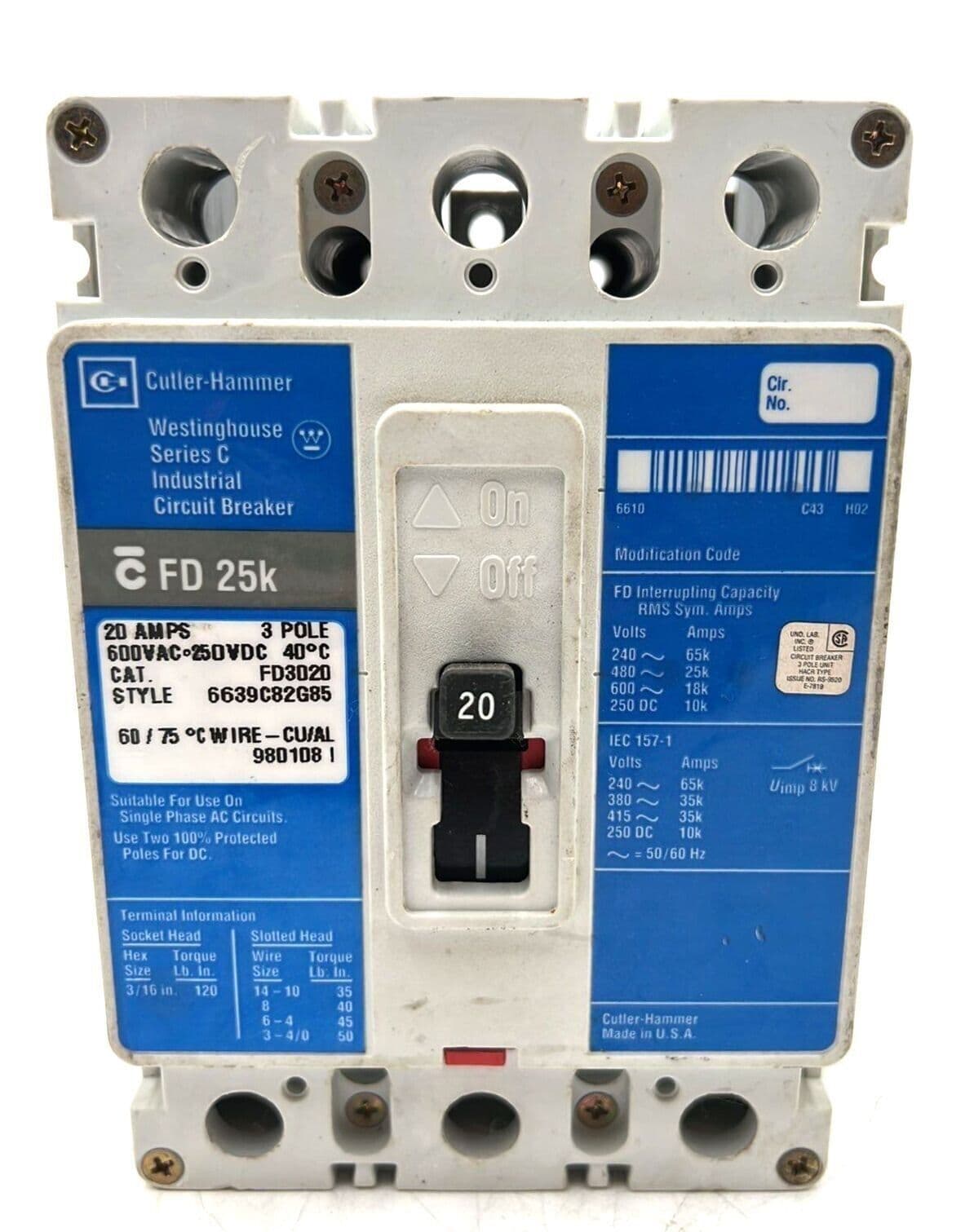 Cutler Hammer FD3020 Circuit Breaker 20A 3P 600V 3PH FD 25k 20 Amp 3 Pole – image 1