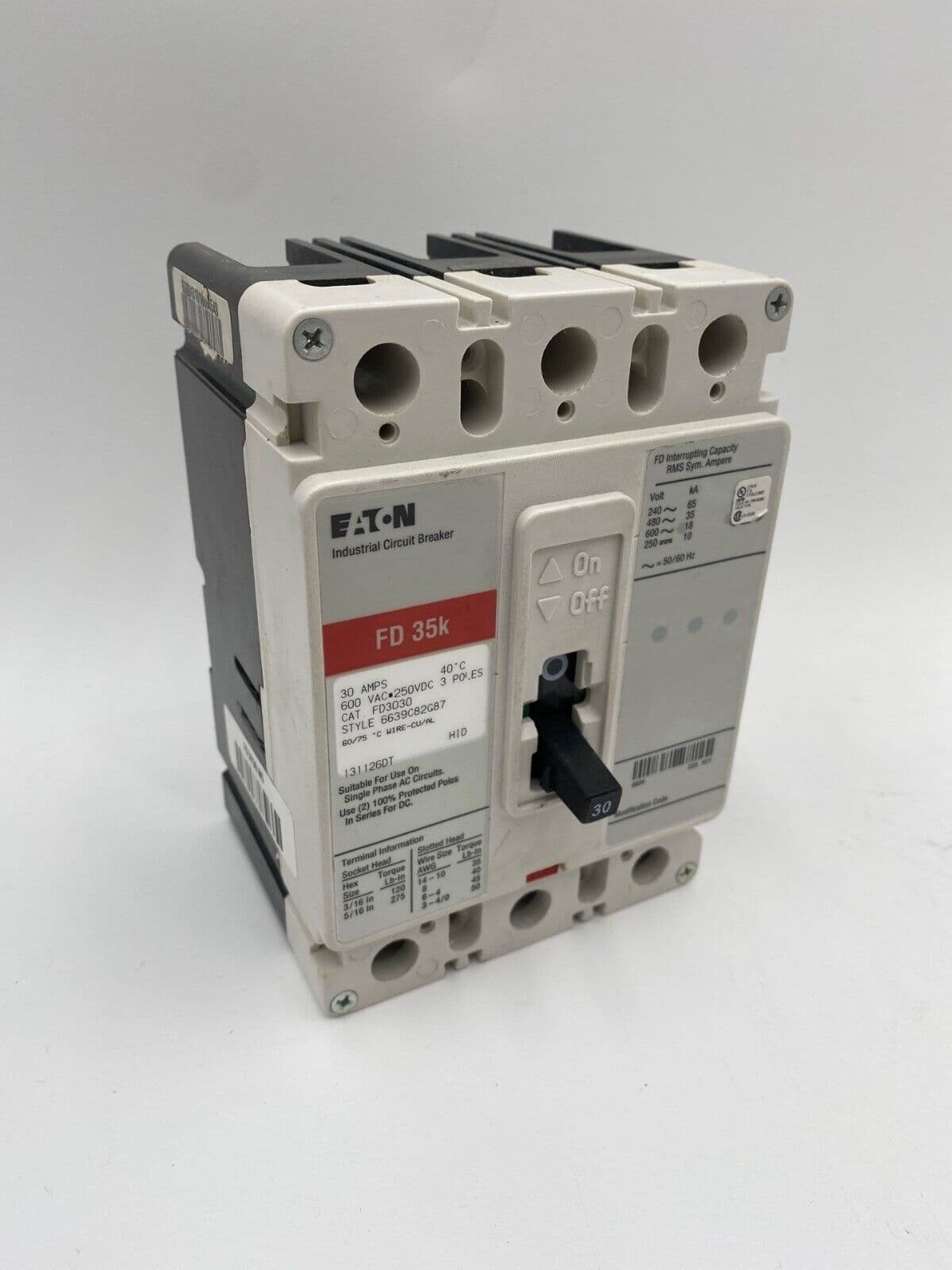 Eaton FD3030 Circuit Breaker 30A 3P 600V 3PH FD Bolt On 30 Amp 3 Pole – image 1