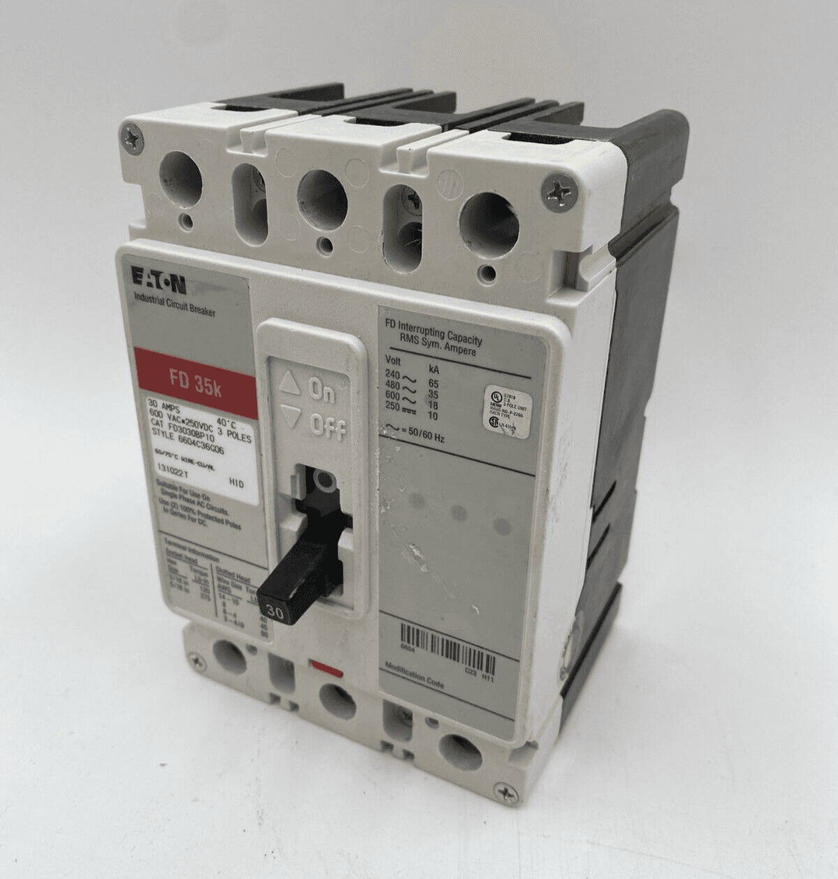 Eaton FD3030BP10 Circuit Breaker 30A 3P 600V 3PH FD 35k 30 Amp 3 Pole Bolt On – image 1