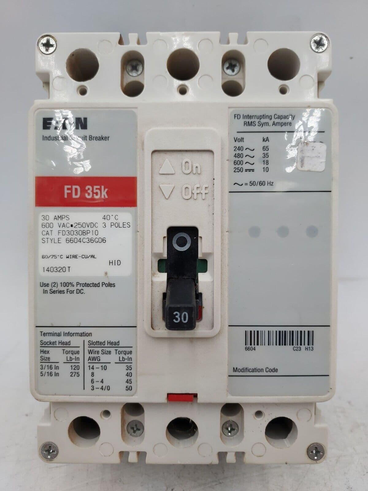 EATON CH FD3030BP10 Circuit Breaker 30A 3P 600V 3PH FD 35k BOLT ON 30 Amp 3 Pole