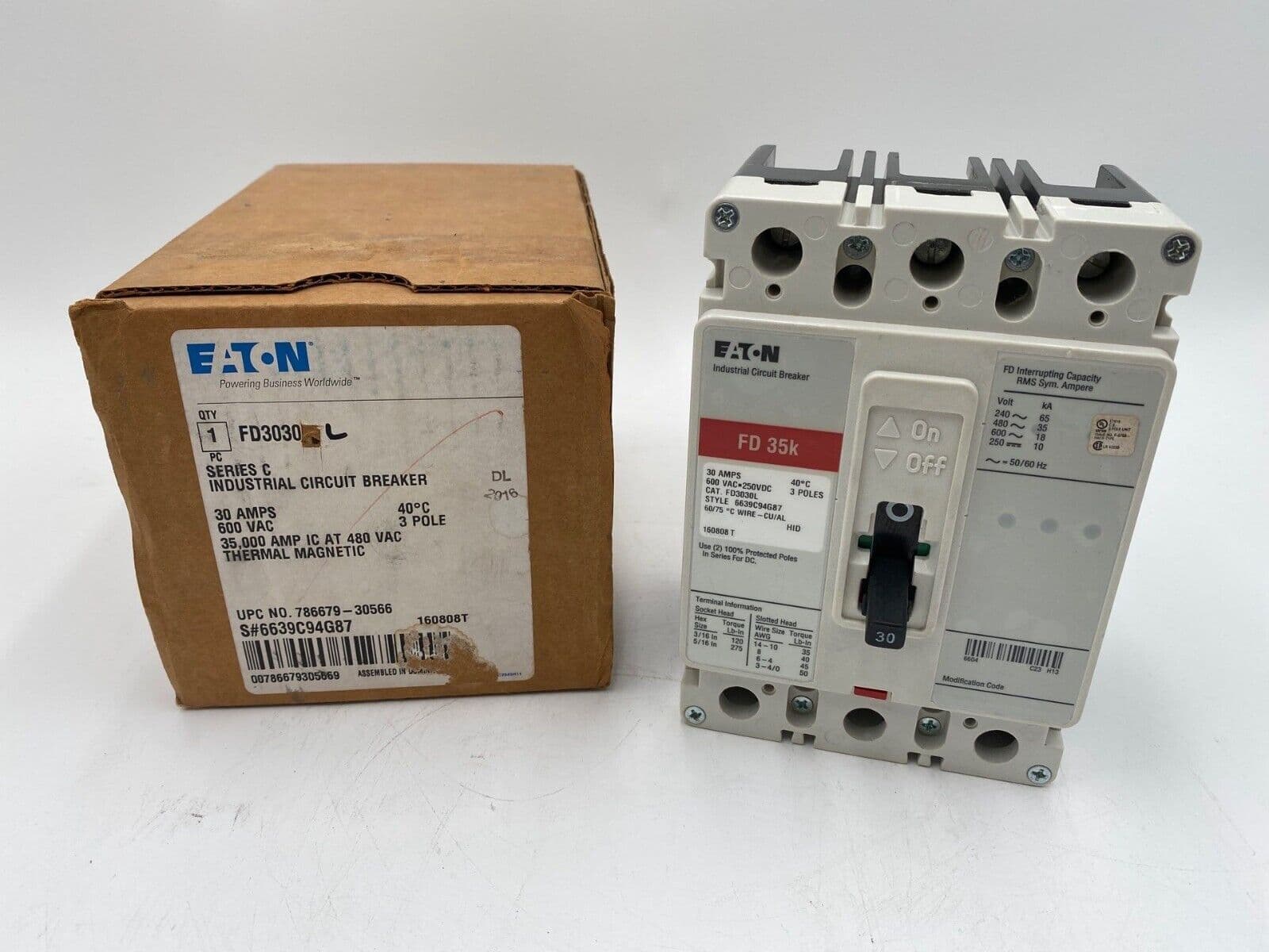 Eaton FD3030L Circuit Breaker 30A 3P 600V 3PH FD Bolt On 30 Amp 3 Pole – image 1