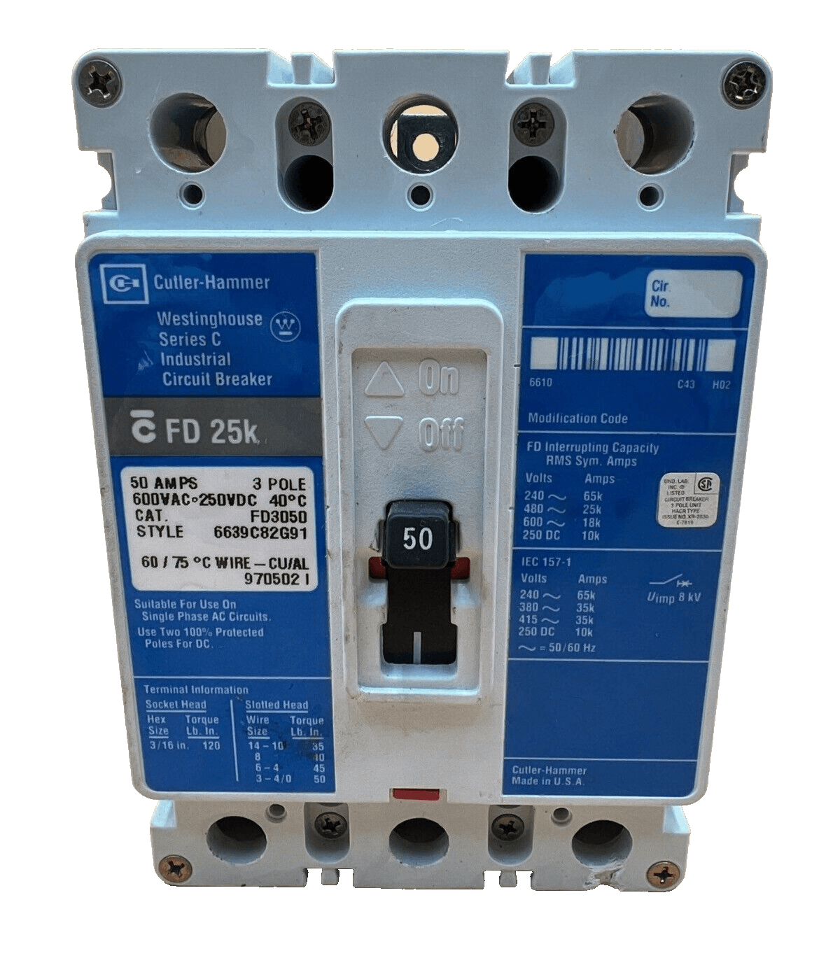 Eaton FD3050 Circuit Breaker 50A 3P 600V 3PH FD Bolt On 50 Amp 3 Pole