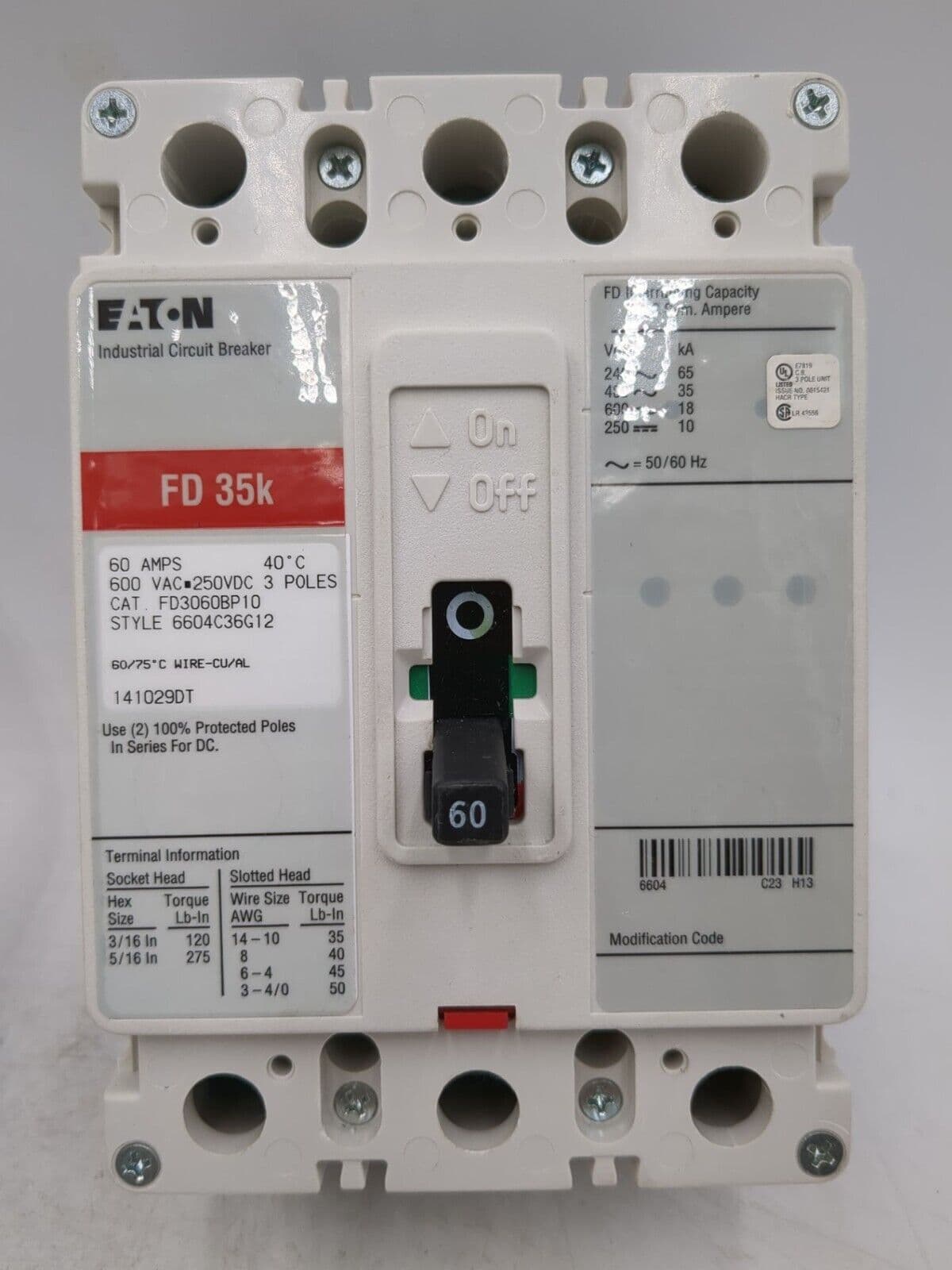 Eaton FD3060BP10 Circuit Breaker 60A 3P 600V FD 35k 60 Amp 3 Pole Bolt On