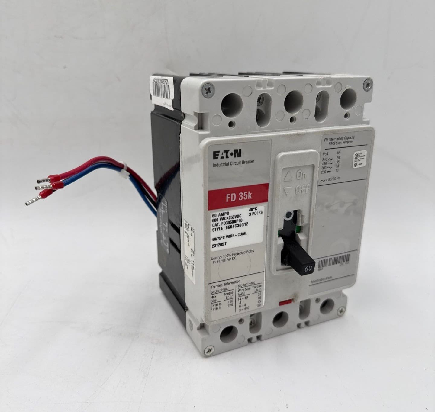 Eaton FD3060BP10 Circuit Breaker 60A 3P 600V FD 35k 60 Amp Bolt On Aux Switch