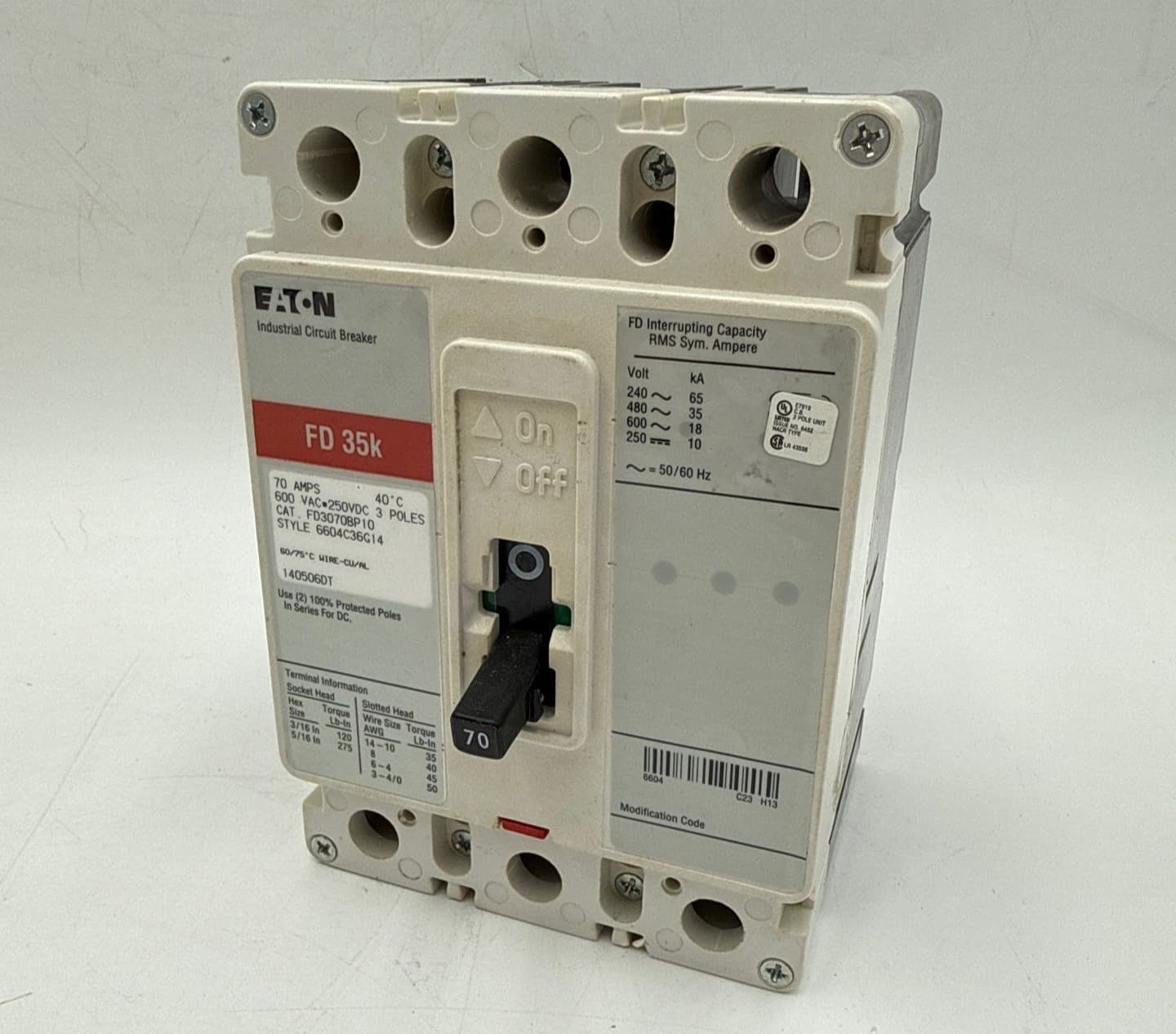 Eaton FD3070BP10 Circuit Breaker 70A 3P 600V FD 35k 70 Amp Bolt On 3 Pole