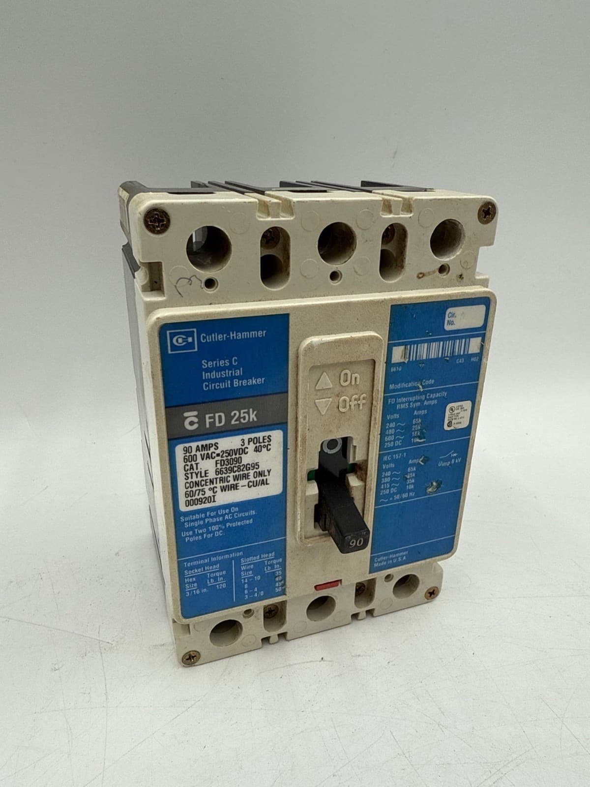 Cutler Hammer FD3090 Circuit Breaker 90A 3P 600V 3PH FD 25k 90 Amp 3 Pole – image 1