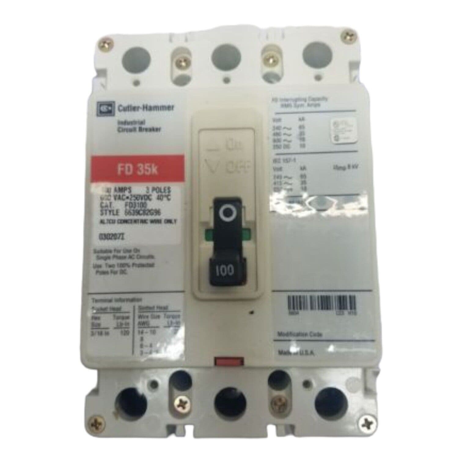 Cutler Hammer FD3100 Circuit Breaker 100A 3P 600V FD 35k 3 Pole 100 Amp – image 1