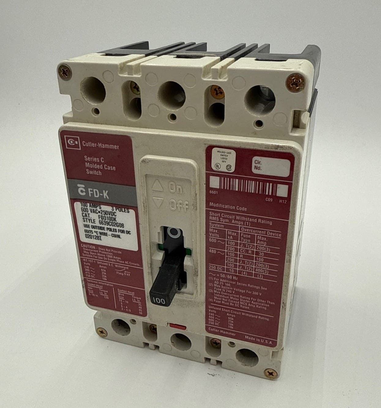 Cutler Hammer FD3100K Circuit Breaker 100A 3P 600V FD-K 100 Amp 3 Pole – image 1