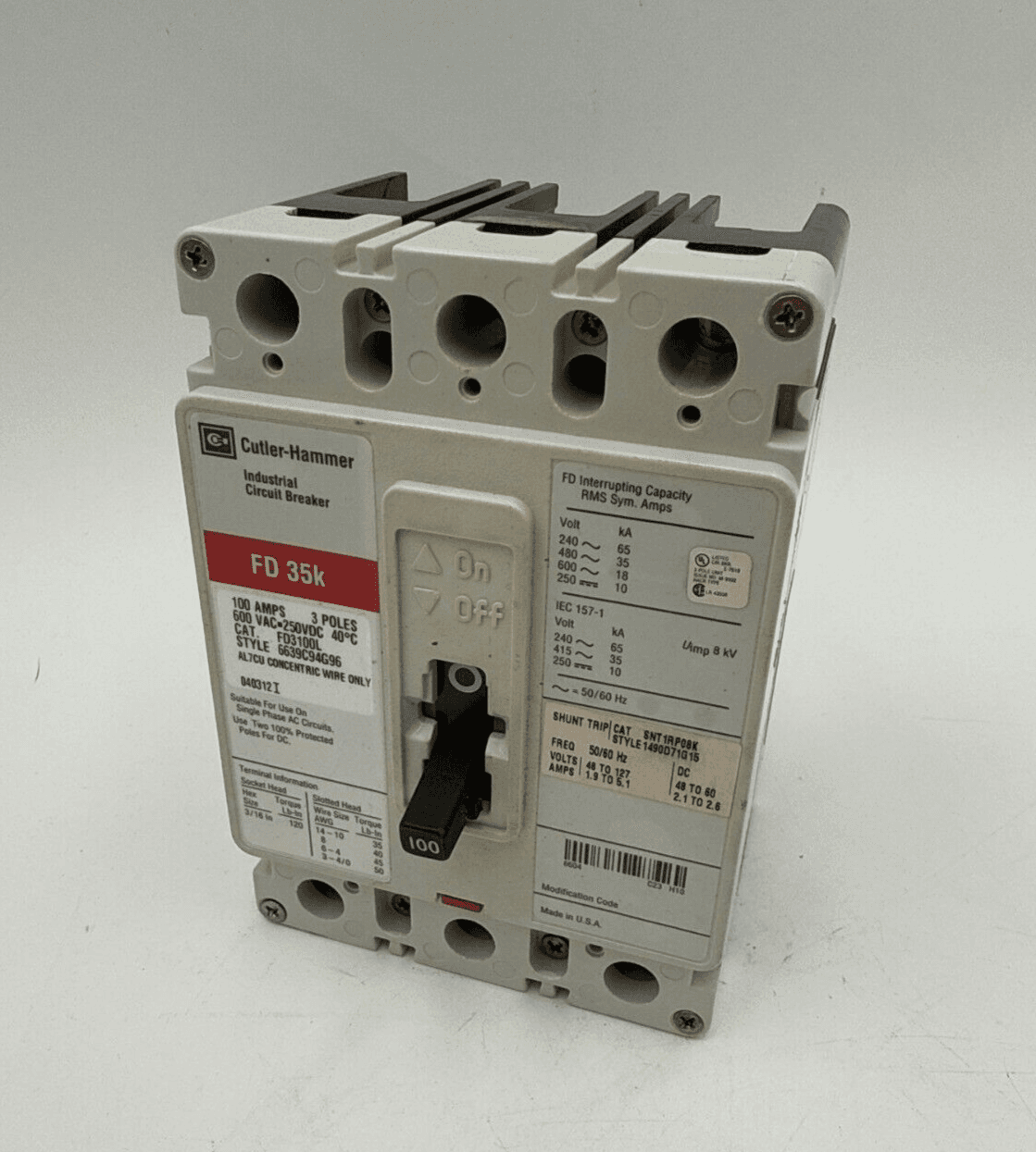 Cutler Hammer FD3100L Circuit Breaker 100A 3P 600V 3PH FD 35k 100 Amp 3 Pole – image 1