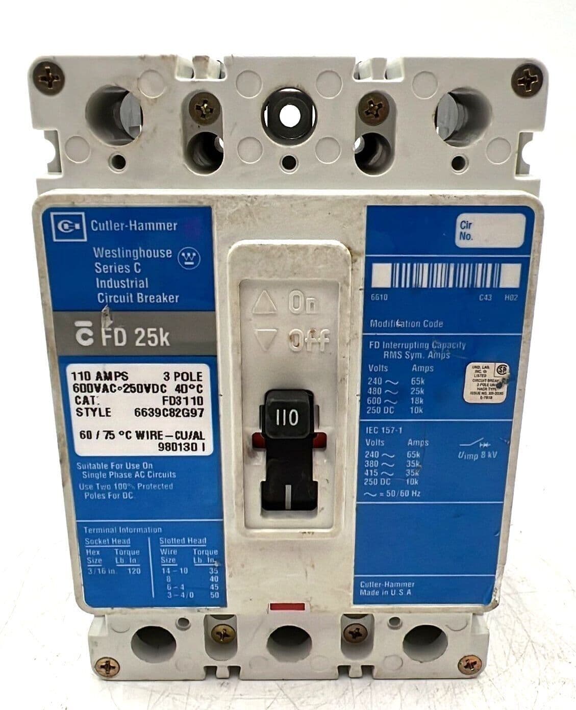 Cutler Hammer FD3110 Circuit Breaker 110A 3P 600V 3PH FD 25k 3 Pole 110 Amp – image 1