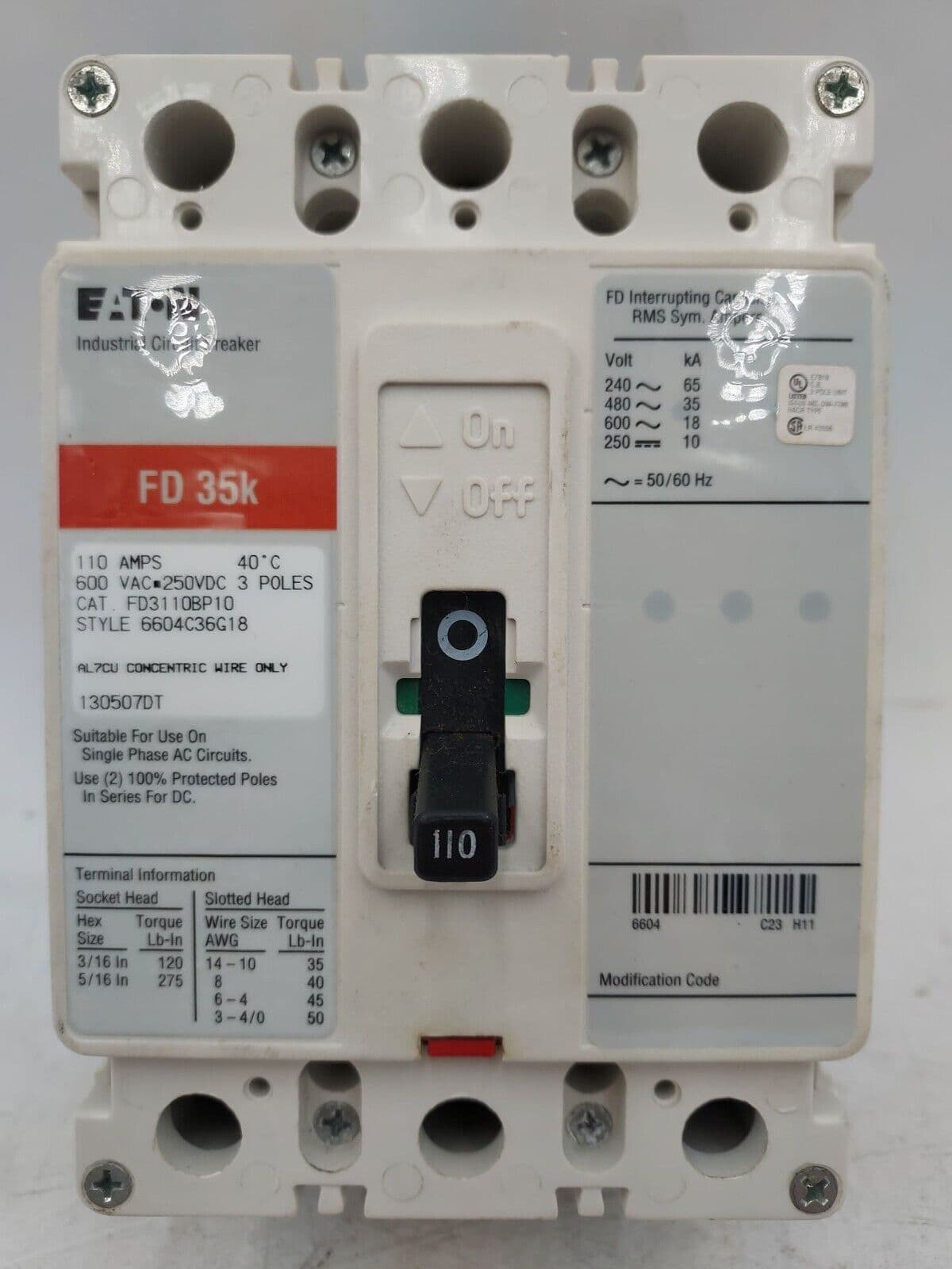 Eaton FD3110BP10 Circuit Breaker 110A 3P 600V 3PH 100 Amp 3 POLES BOLT ON – image 1