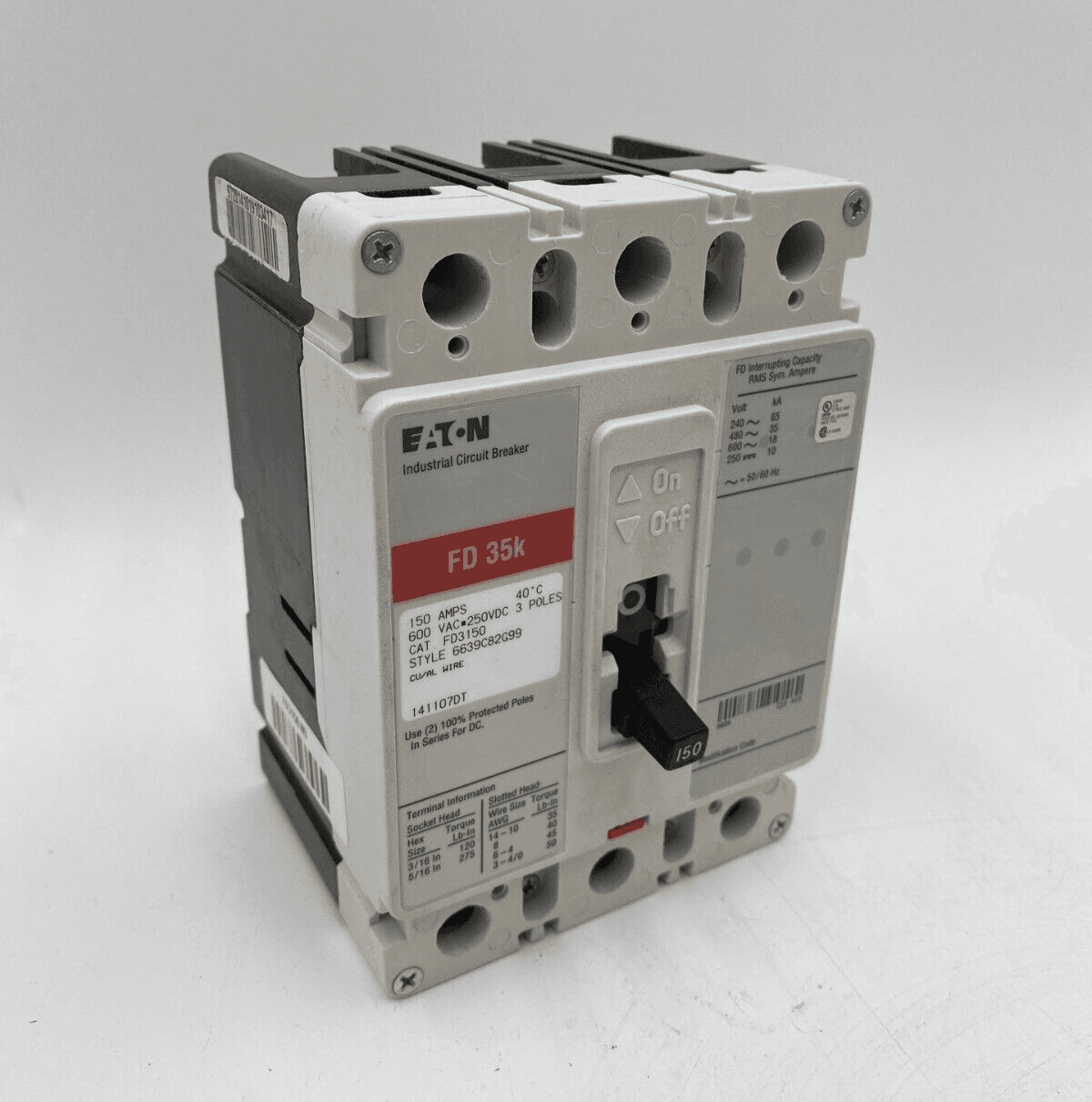 Eaton FD3150 Circuit Breaker 150A 3P 600V 3PH FD 35K 150 Amp 3 Pole Bolt On