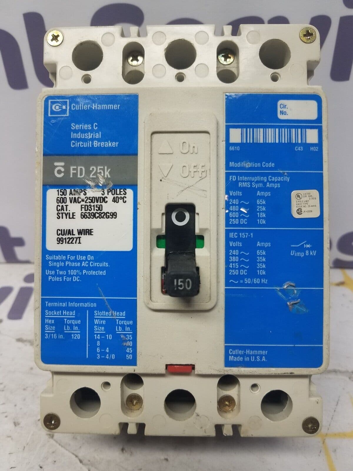 Cutler Hammer FD3150 Circuit Breaker 150A 3P 600V FD 25k 3 pole 150 Amp – image 1