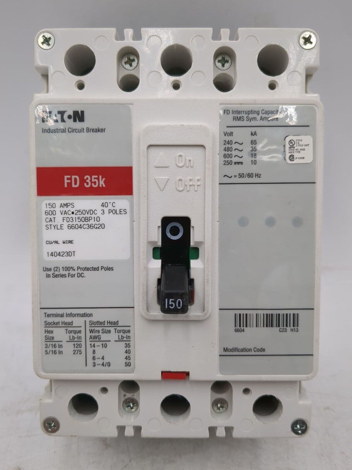 Eaton FD3150BP10 Circuit Breaker 150A 3P 600V 3PH FD 35k 150 Amp 3 Pole – image 1