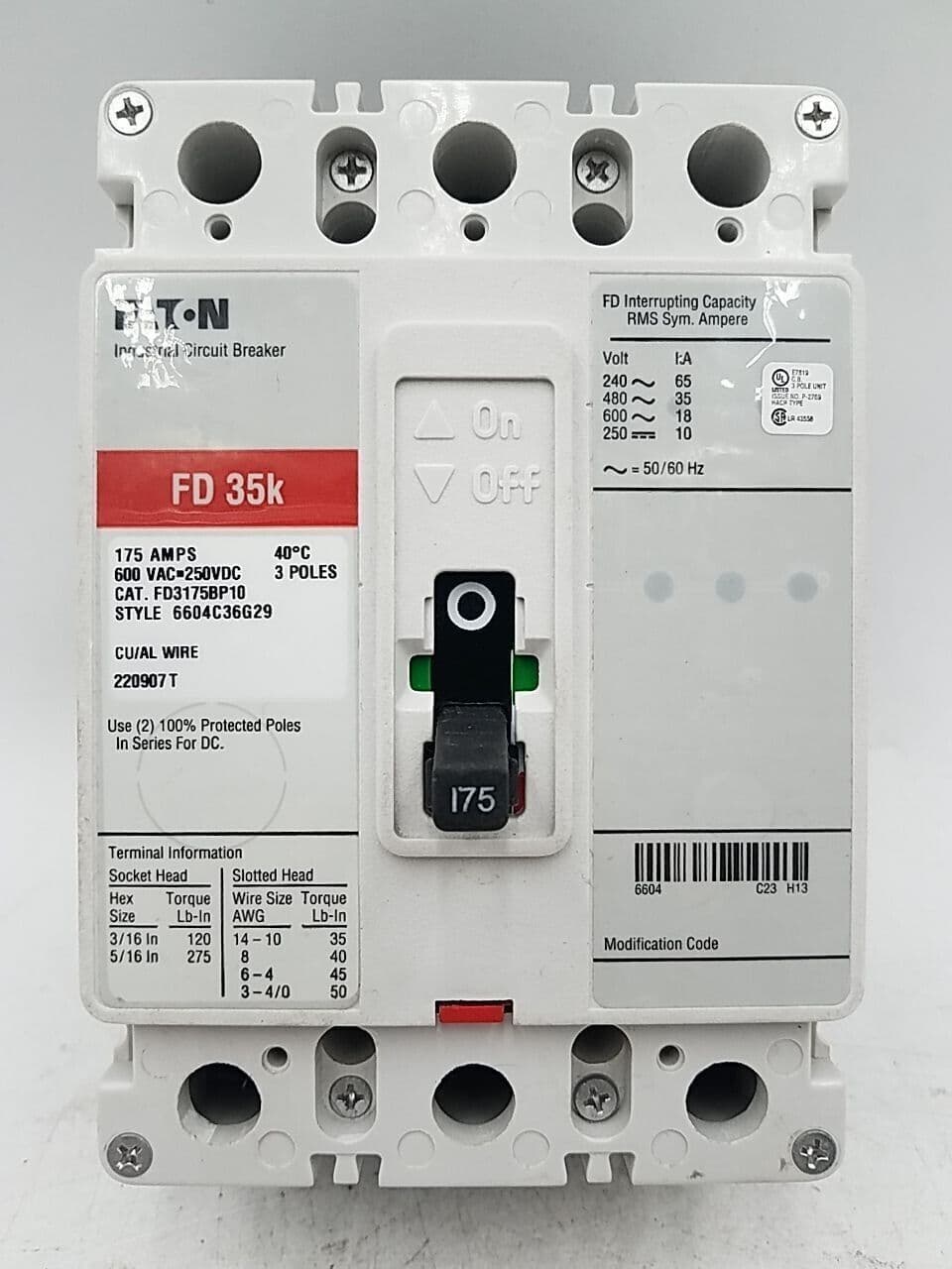 Eaton FD3175 Circuit Breaker 175A 3P 600V 3PH FD 35k 175 Amp 3 Pole