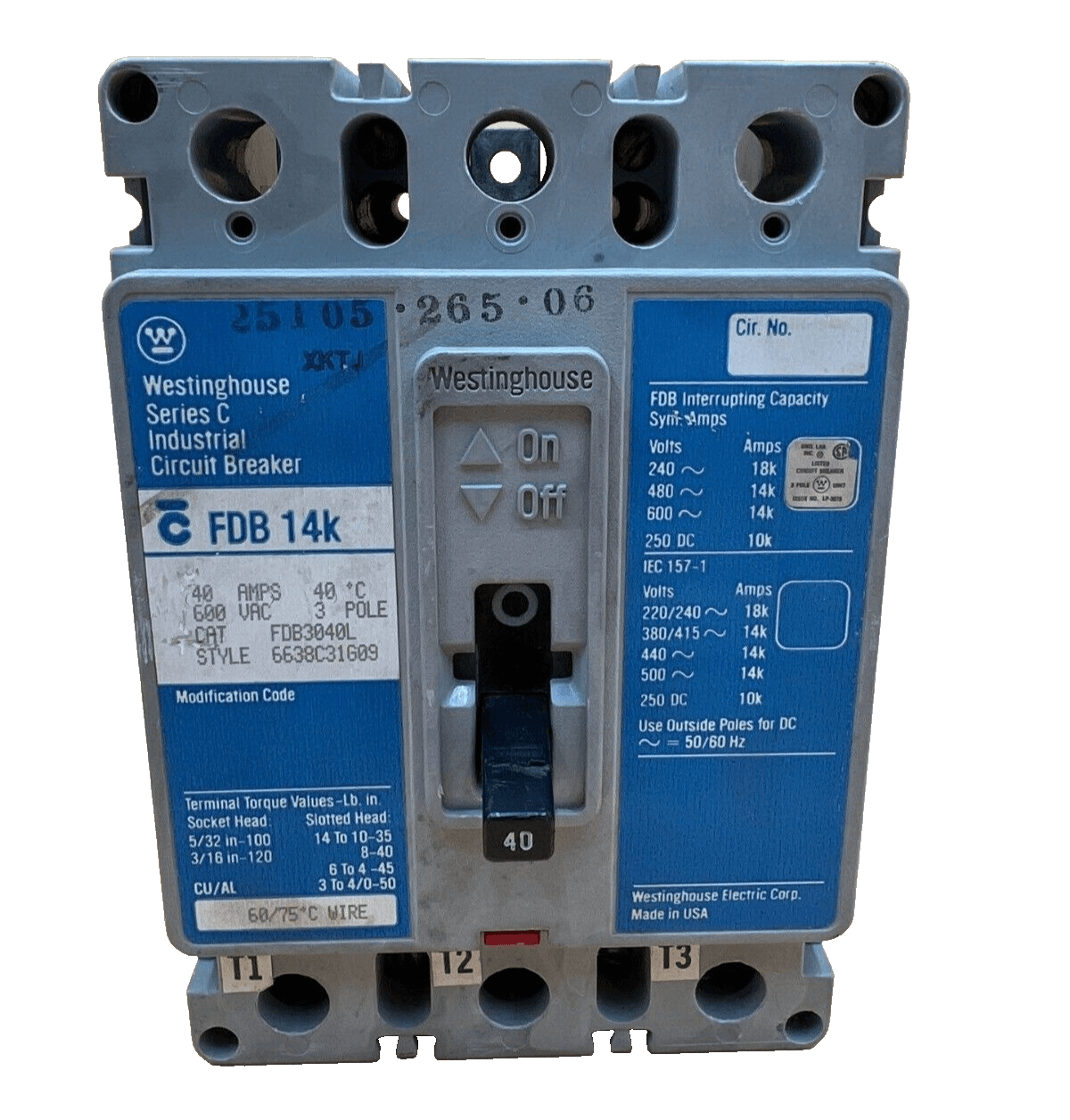 Cutler Hammer FDB3040L Bolt On Circuit Breaker 40A 600V 3P 3PH FDB 14k 40 Amp – image 1