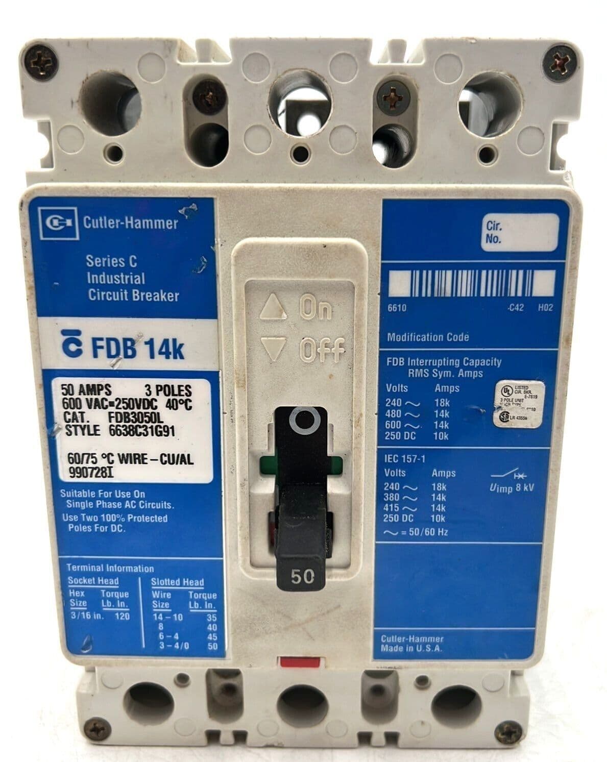 Cutler-Hammer FDB3050L Circuit Breaker 50A 3P 600V FDB 14k 50 Amp 3 Pole – image 1