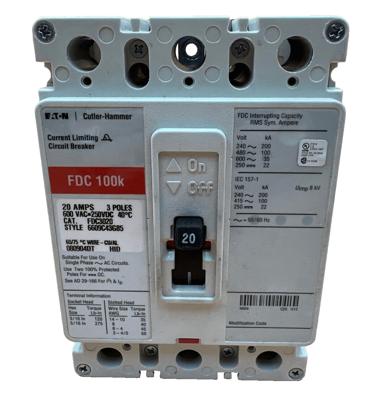 Eaton FDC3020 Circuit Breaker 20A 3P 600V 3PH FDC 100k 20 Amp 3 Pole – image 1