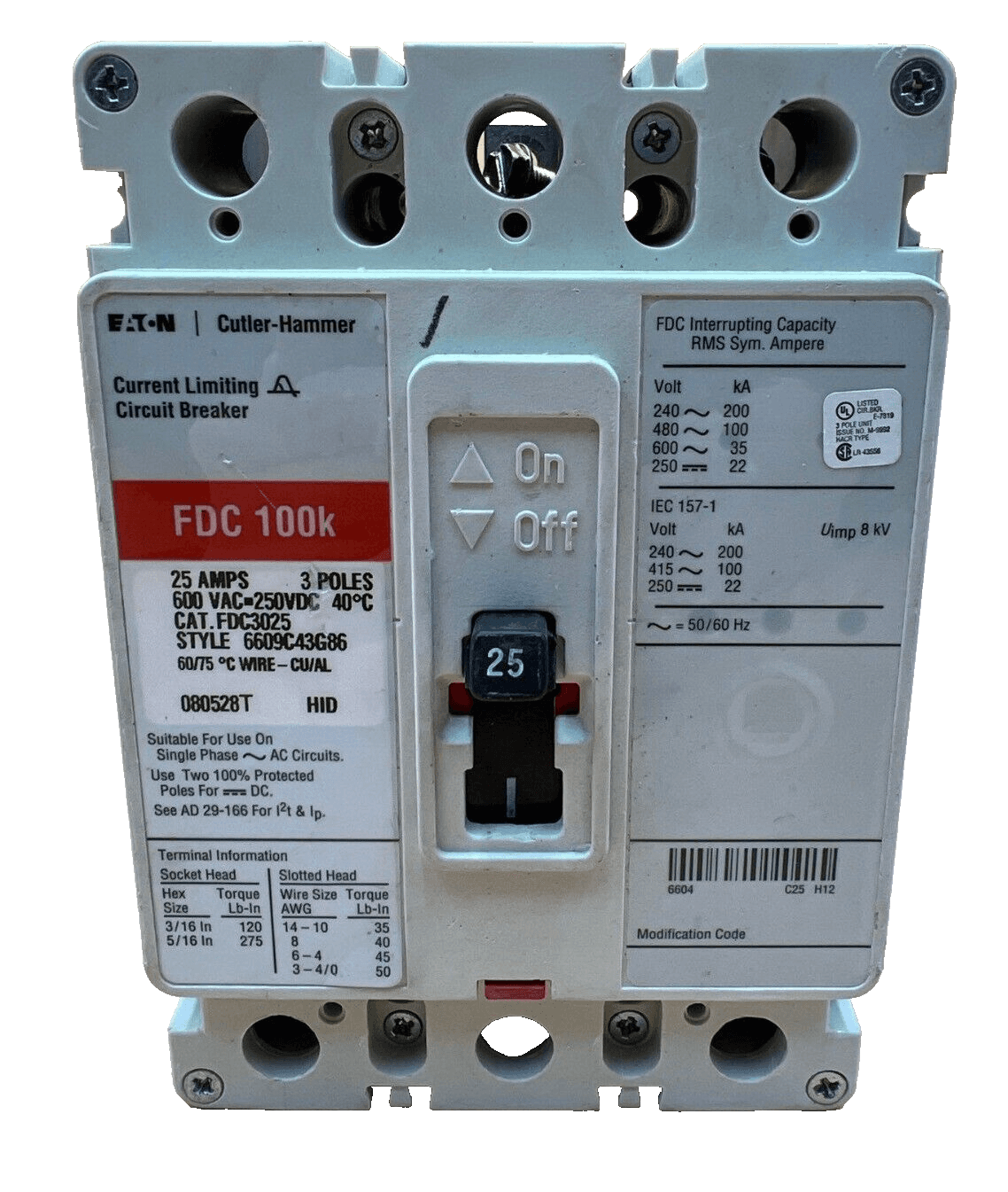 Eaton FDC3025 Circuit Breaker 25A 3P 600V 3PH FDC 100k 25 Amp 3 Pole – image 1