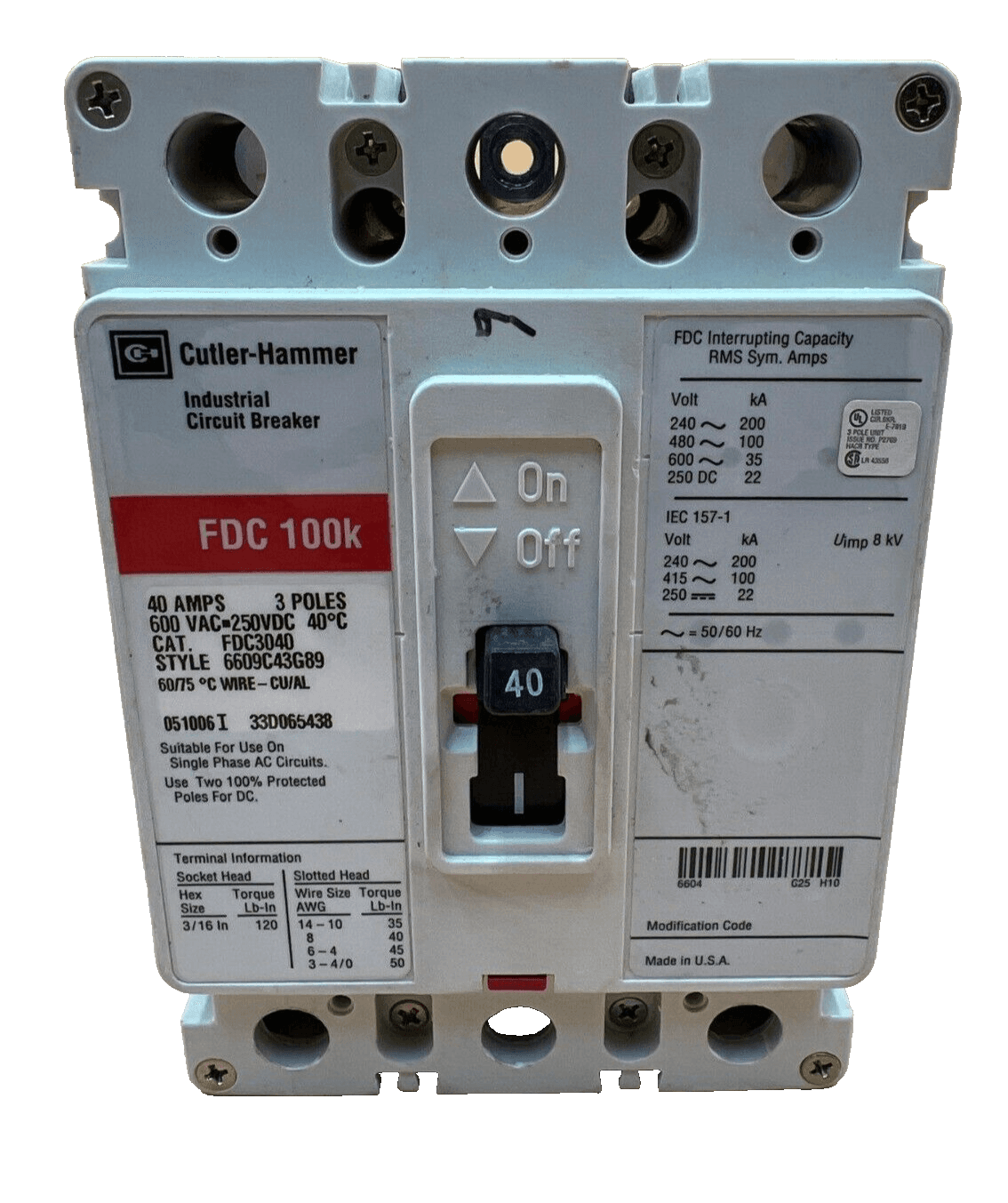 Eaton FDC3040 Circuit Breaker 40A 3P 600V 3PH FDC 100k 40 Amp 3 Pole – image 1