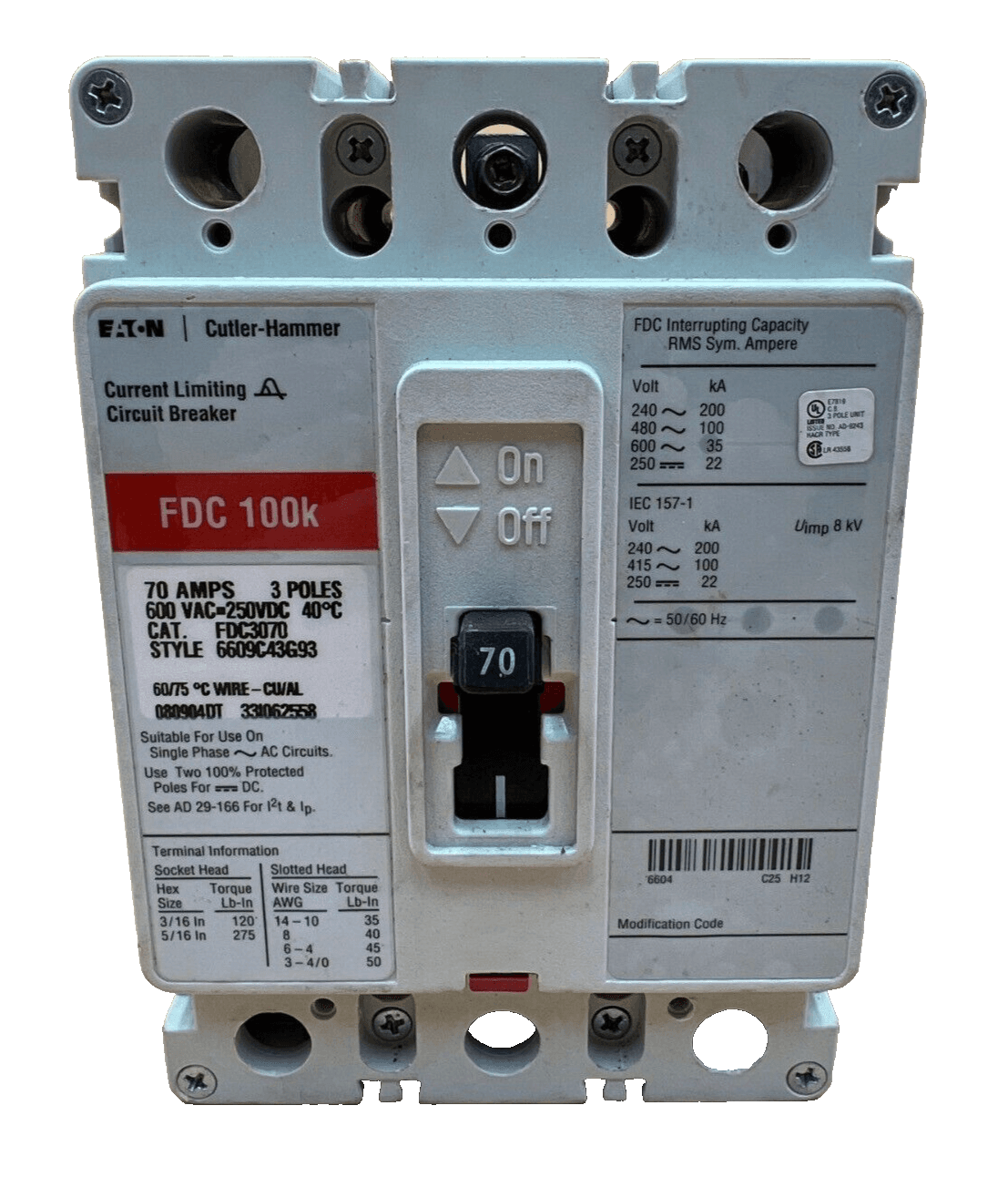 Eaton FDC3070 Circuit Breaker 70A 3P 600V 3PH FDC 100k 70 Amp 3 Pole – image 1