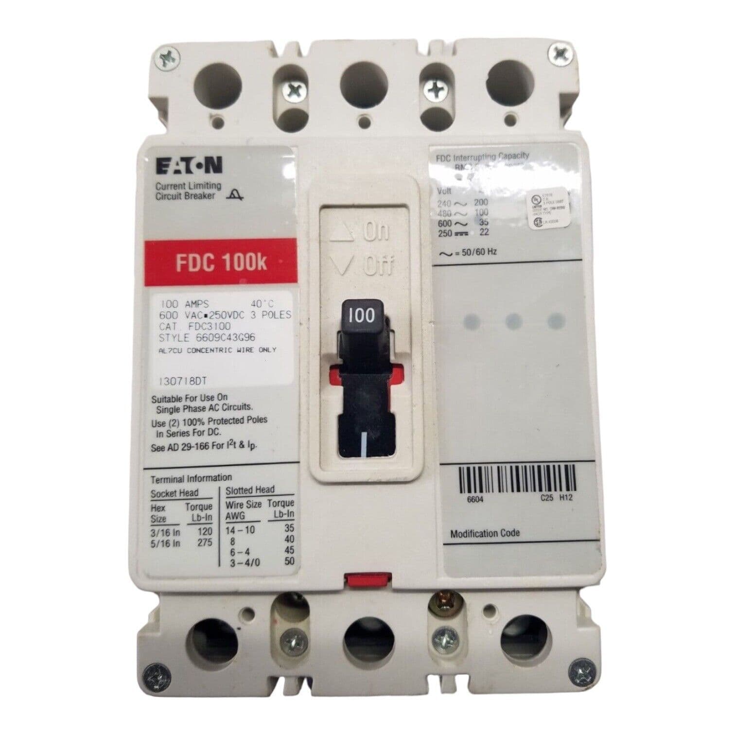 Eaton FDC3100 Circuit Breaker 100A 3P 600V 3PH FDC 100k 100 Amp 3 Pole – image 1
