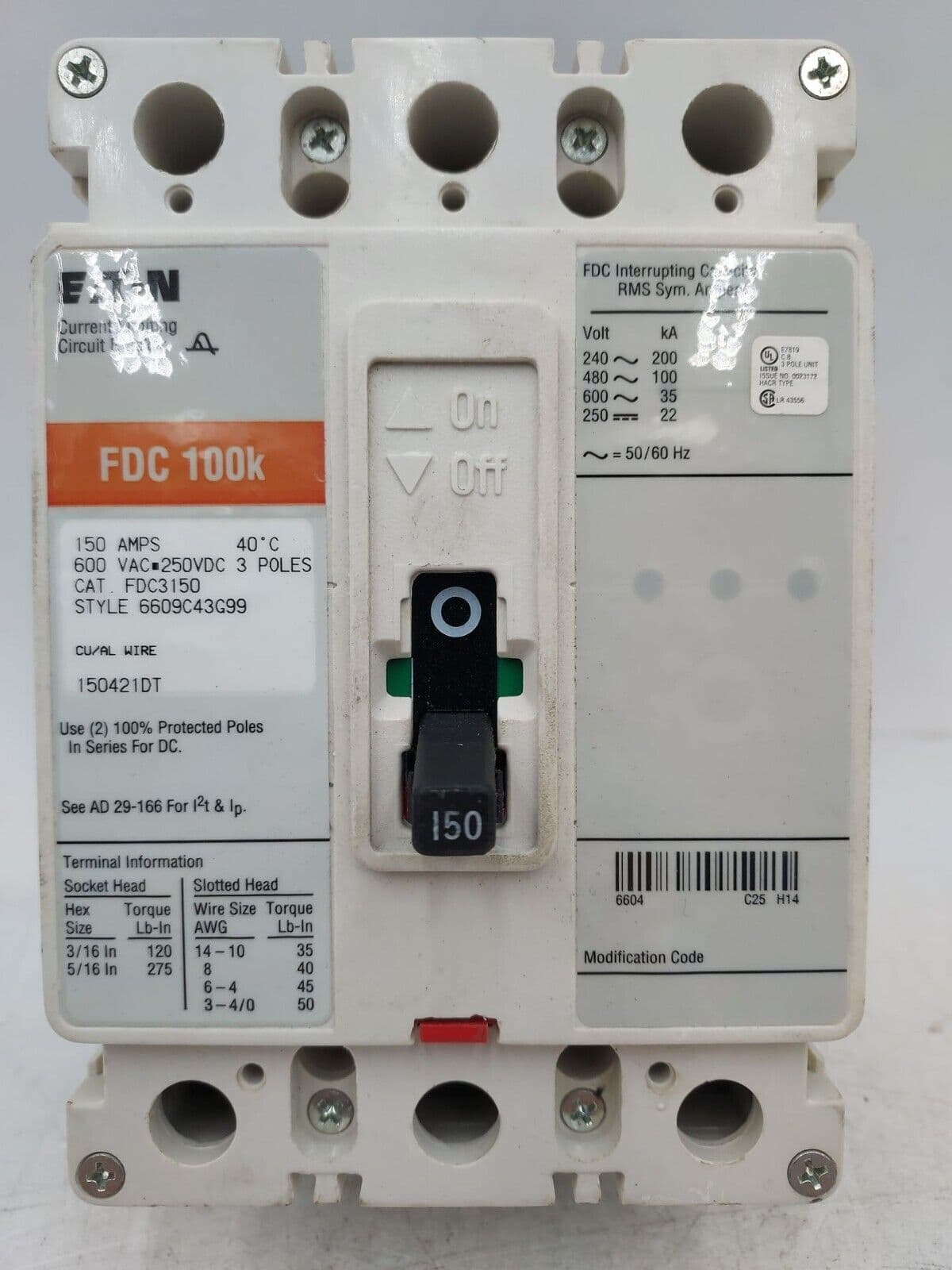 Eaton FDC3150 Circuit Breaker 150A 3P 600V FDC 100k 150 Amp 3 POLES BOLT ON – image 1