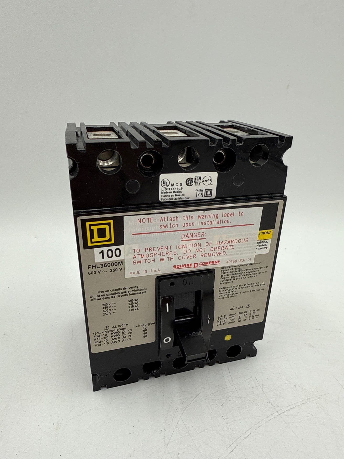 Square D FHL36000M Circuit Breaker 100A 3P 600V 3PH FHL 3 pole 100 Amp