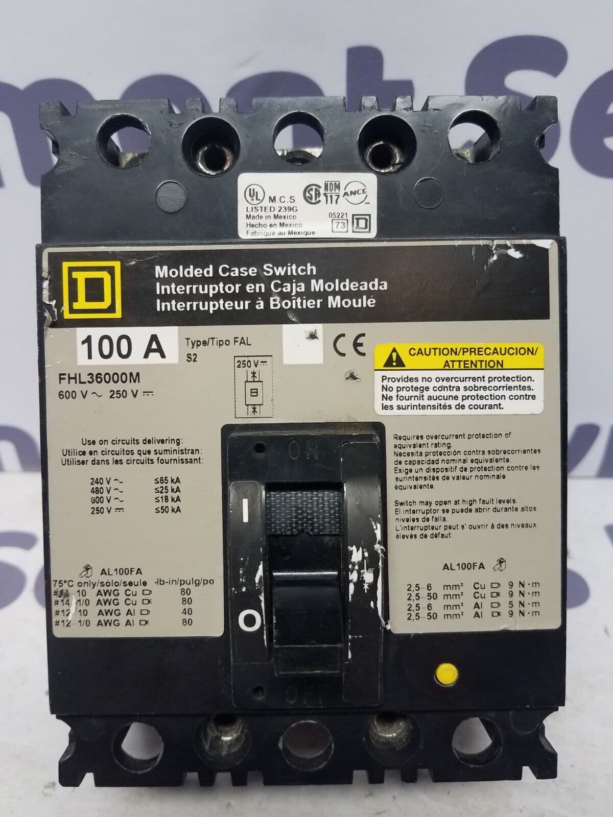 Square D FHL36000M Circuit Breaker 100A 3P 600V 3PH FHL 3 pole 100 Amp Used