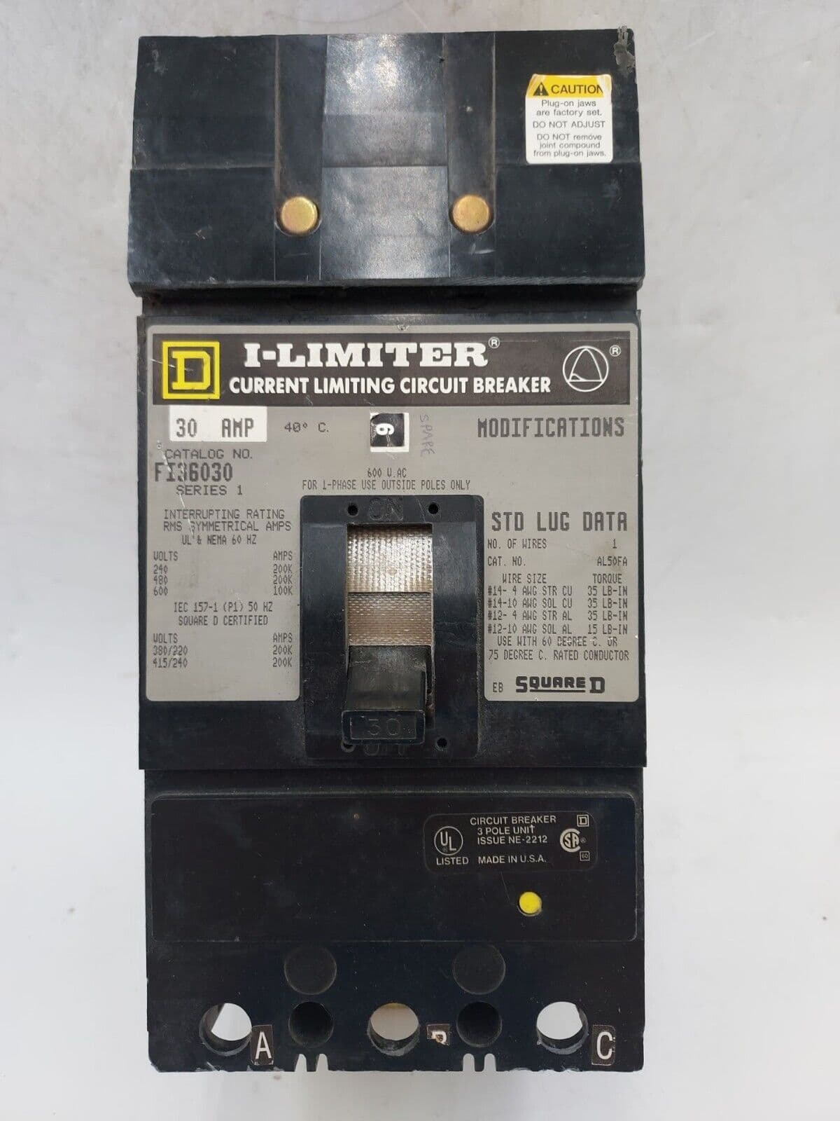 Square D FI36030 I-Line Circuit Breaker 30A 3P 600V 3PH I-Limiter 30 Amp 3 Pole – image 1