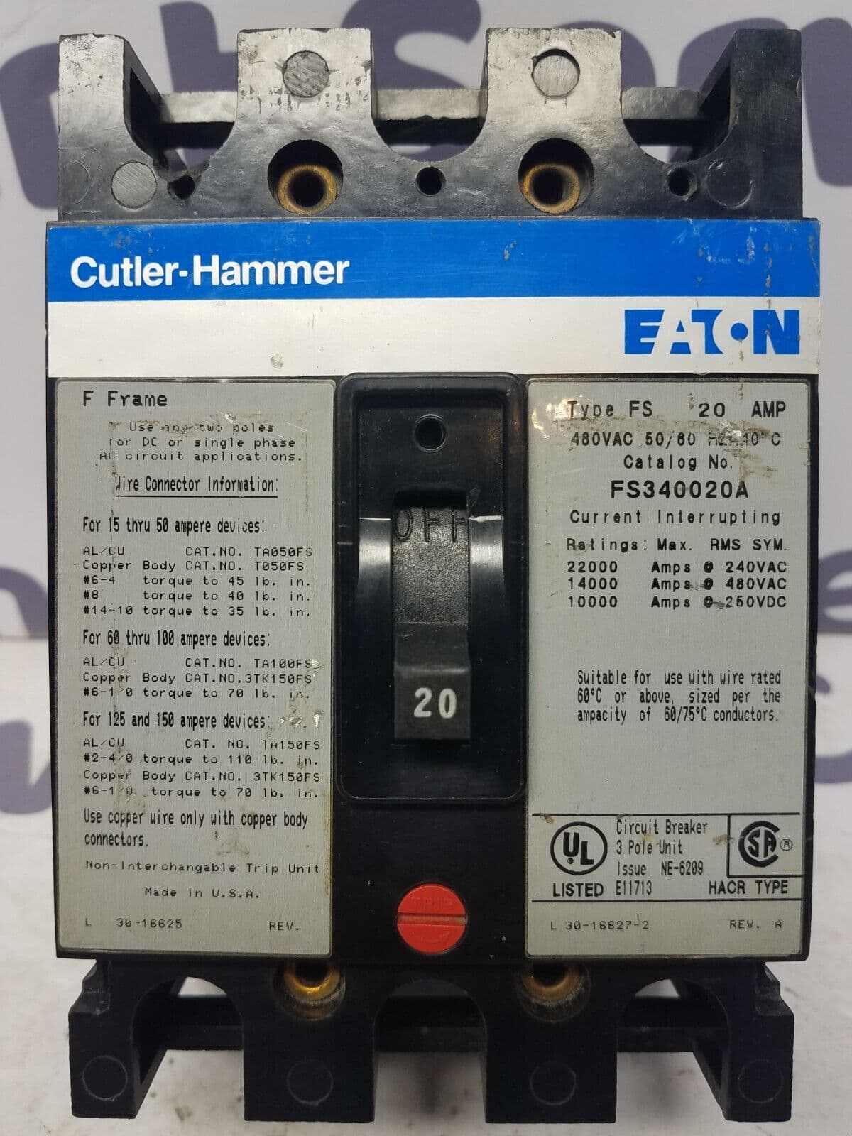 Cutler Hammer FS340020A Circuit Breaker 20A 3P 480V FS 3 Pole 20 Amp – image 1