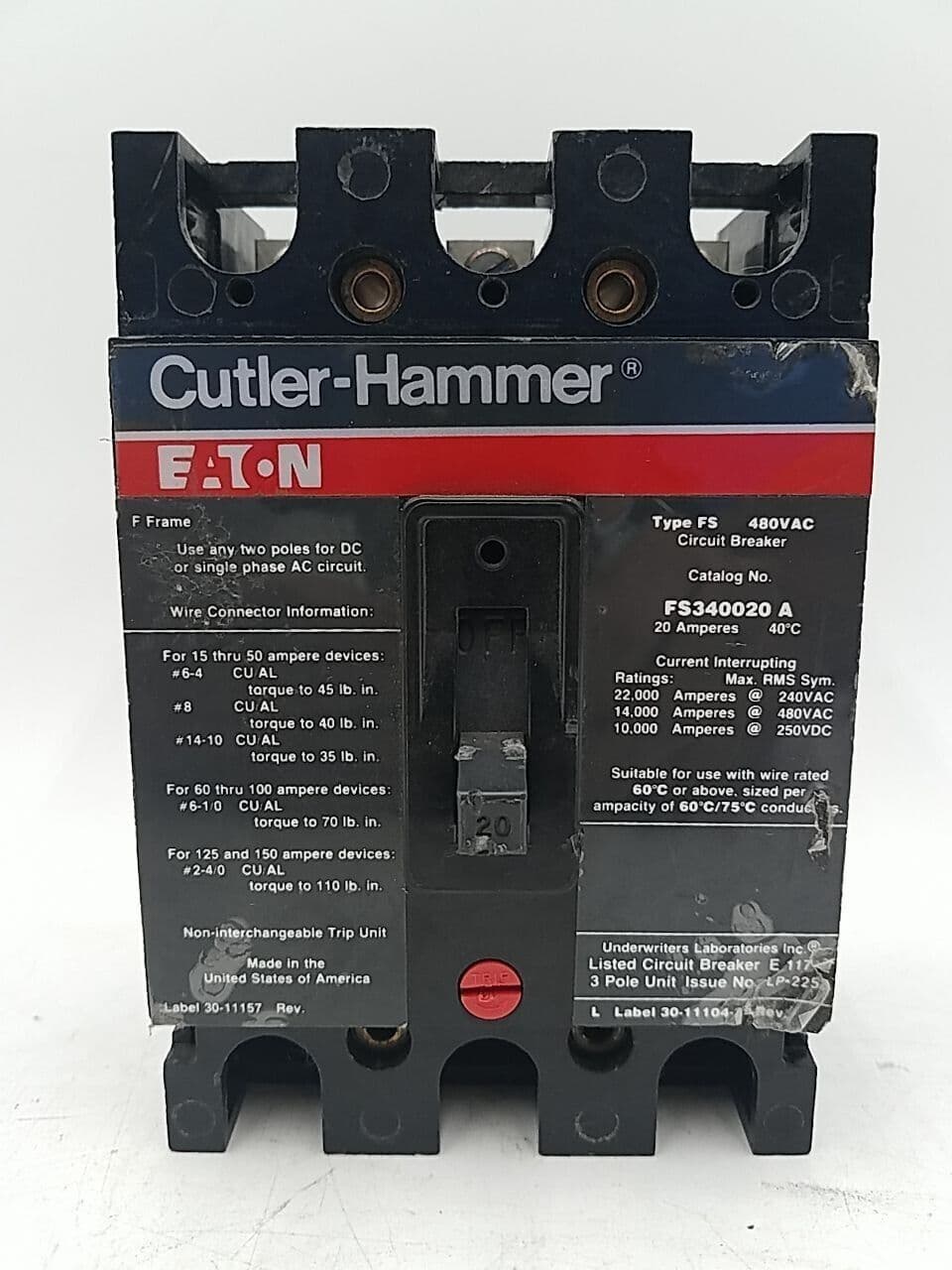 Cutler Hammer FS340020A Circuit Breaker 20A 3P 480V 3PH FS 20 Amp 3 Pole – image 1
