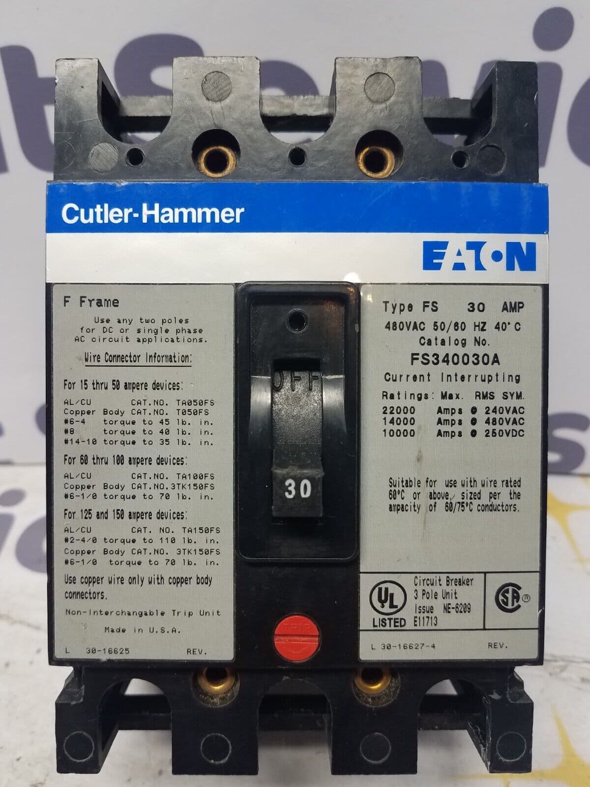 Cutler Hammer FS340030A Circuit Breaker 30A 3P 480V FS 3PH 3 pole 30 Amp – image 1