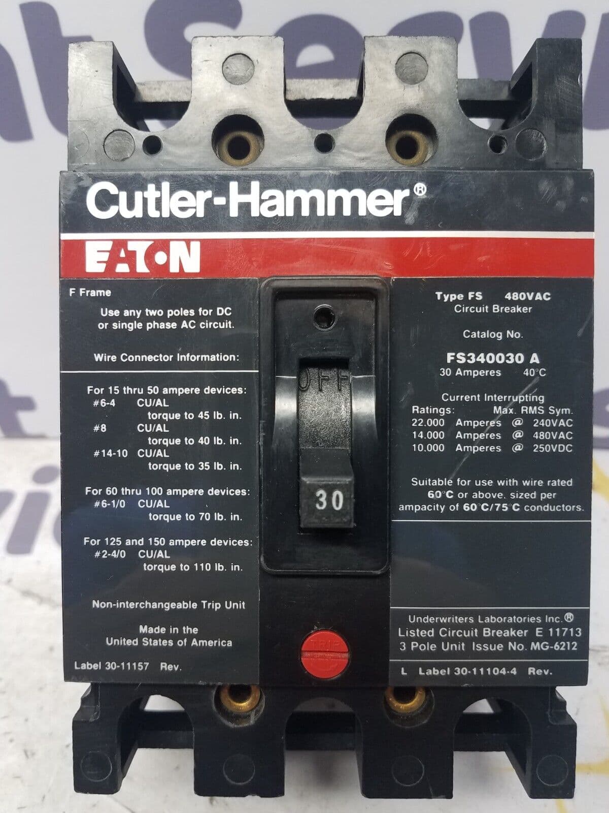 Cutler Hammer FS340030A Circuit Breaker 30A 3P 480V 3PH FS 30 Amp 3 Pole – image 1